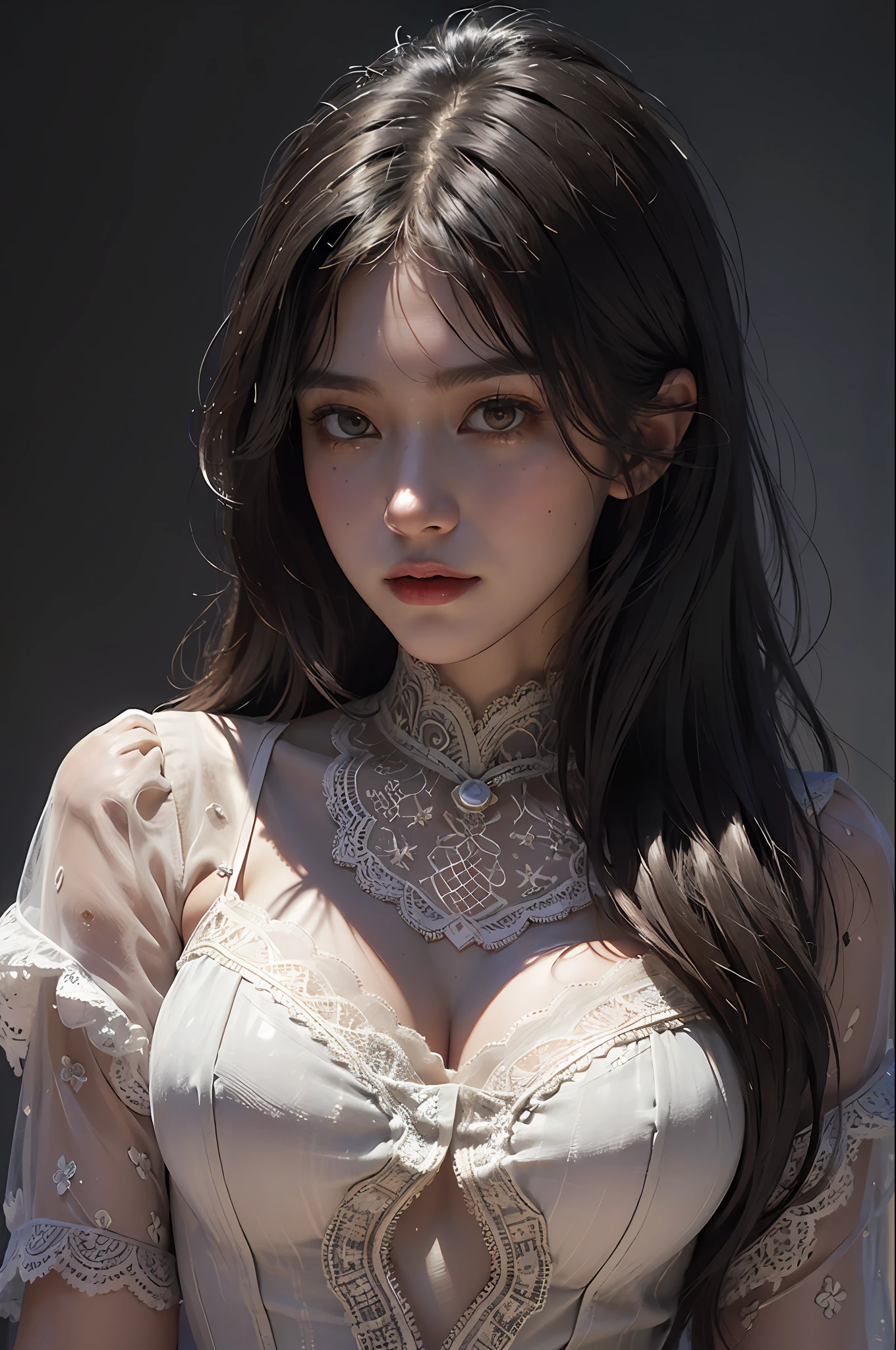 (front focus), (in the dark:1.6), Hyperrealist portrait of female by david hockney and alphonse mucha, fantasy art, photo realistic, dynamic lighting, artstation, poster, volumetric lighting, very detailed faces, 4 k, award winning, 1girl, in the dark, deep shadow, low key, cowboy shot, (sexy lace clothing:1.4), long hair, black hair