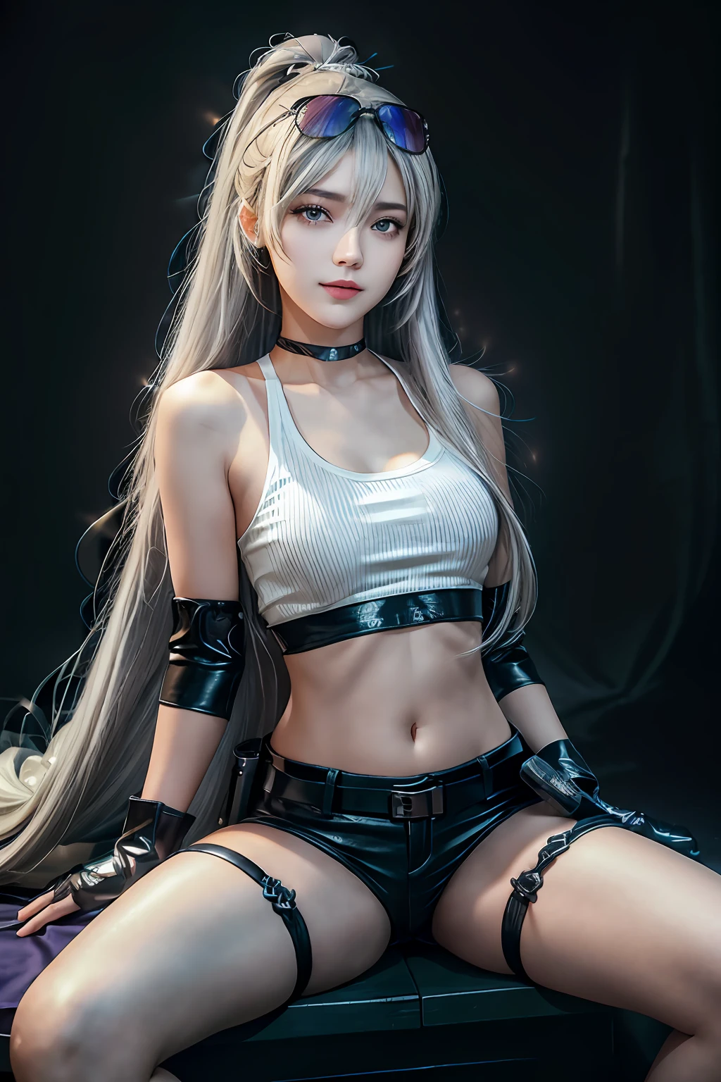 (RAW photo, best quality), (realistic, photo-realistic:1.3), masterpiece, an extremely delicate and beautiful, extremely detailed, CG, unity , 2k wallpaper, Amazing, finely detail, light smile, extremely detailed CG unity 8k wallpaper, huge filesize, ultra-detailed, highres, absurdres, soft light,1girl, SilverWolfV4, (full body:1.3), ((dynamic lighting,depth of field)),Wide angle view,((small breasts)), solo, cute, young, realistic face, mature face, beautiful detailed girl, (((long hair:1.3), silk grey white hair,drill hair, floating hair novafrogstyle)), grey eyeballs, extremely detailed eyes and face, beautiful detailed nose, beautiful detailed eyes, long eyelashes, realistic body, cyberpunk,outdoors, neon-lit stars background, sit,high crossed thighs, light on face,looking at viewer, cosplay,detailed fingers, beautiful detailed thigh, shirt, gloves, long sleeves, navel, jewelry, jacket, white shirt, thighs, shorts, choker, black gloves, midriff, belt, fingerless gloves, armpits, stomach, black jacket, crop top, short shorts, thigh strap, black shorts, eyewear on head, weapon, gun, holding gun, bullpup,