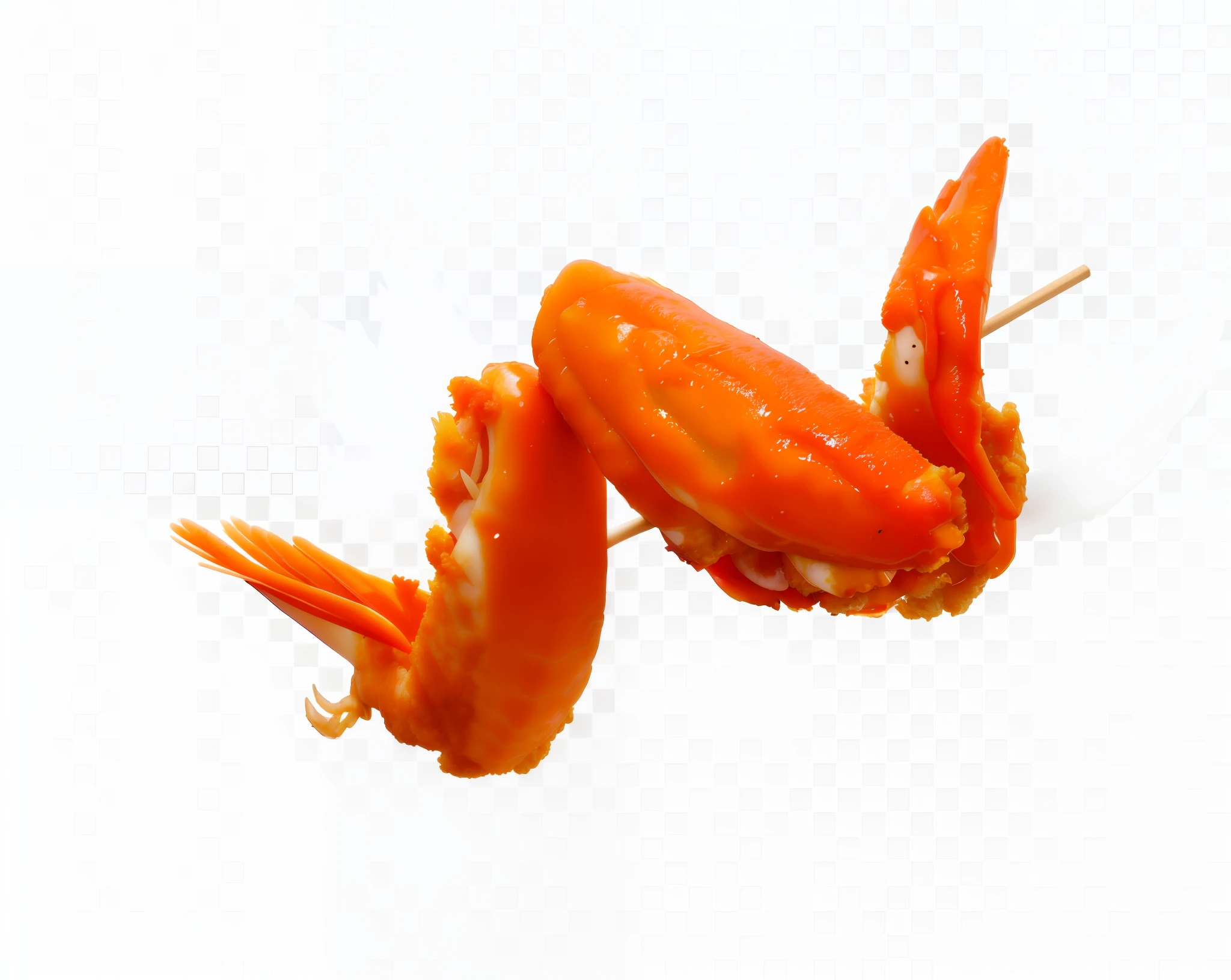 there are two pieces of chicken on a stick on a white background, real wings, prawn, chicken, crustacean, 2 wings, shrimp, crab, super realistic food picture, wings, ready to eat, wings made of pizza, wing, on clear background, butterfly squid, wings spread, which splits in half into wings, fried chicken, crabcore