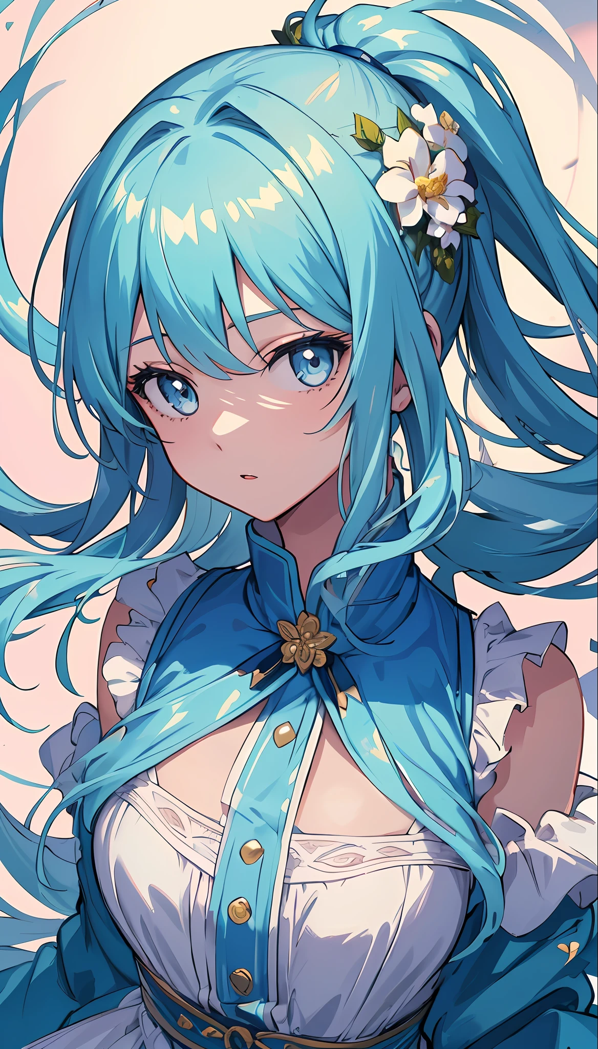 (masterpiece), (best quality), (ultra detailed),(disheveled hair),(illustration), (1girl), (Fashionable clothing), standing, Fashion model, looking at viewer, (interview), (simple background),beautiful detailed eyes, delicate beautiful face, Floating,(high saturation),(colorful splashes),colorful bubble,(shining), focus on face,  ponytail, kamisato ayaka, light blue hair, bangs, hair ring, floating flowers, floating hairs, (shining), best lighting, best shadow,