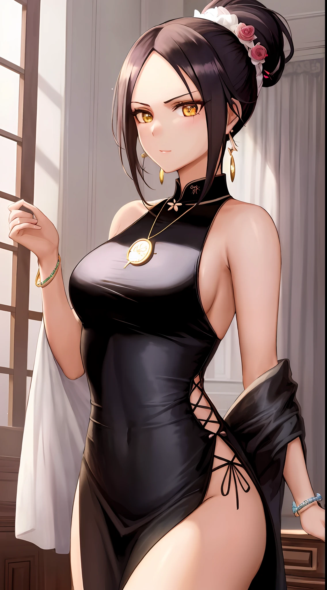 highly detailed,masterpiece,ultra-detailed,illustration,best quality,Shihouin Yoruichi_bleach,earrings,pendant,finely detail,beautiful detailed glow,bracelet,collar,black hair,1girl,cheongsam,Shiny skin ,ultra-detailed,Shiny clothes,an extremely delicate and beautiful,best shadow,masterpiece,solo,mature female,an extremely delicate and beautiful girl,world masterpiece theater,looking_at_viewers,Half updo,single hair bun,The Polished single topknot,,hair slicked back,no bangs,Serious,Rose and butterfly prints on Tight cheongsam,semicircle house on the meadow,dynamic pose,forehead,no hair in forehead,cowboy shot,