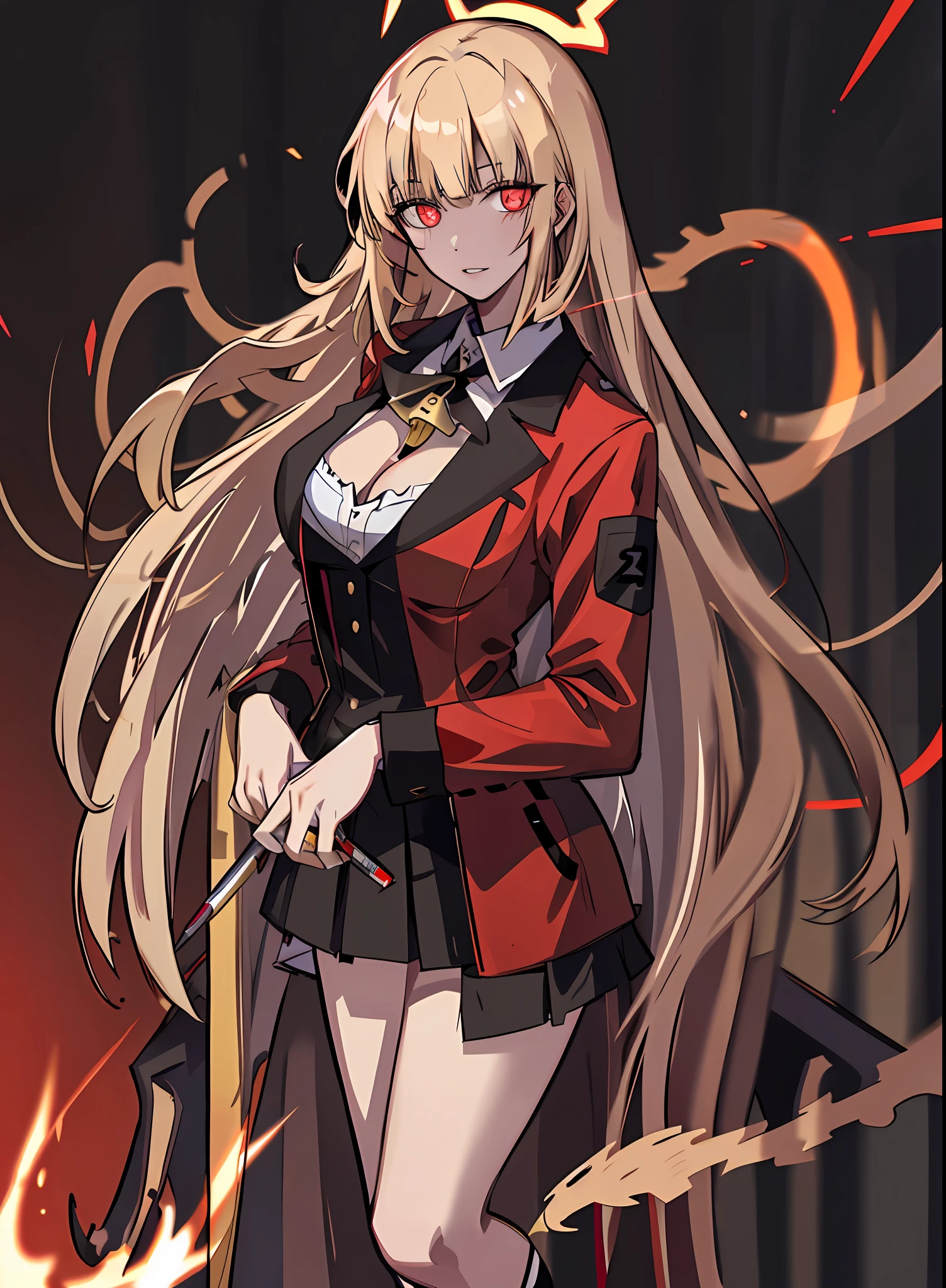 Very long hair, golden hair, jacket, red_jacket, red_eyes, bangs, school_uniform, straight hair, blunt_bangs, dart stand, darts, dart bar, looking down at the viewer, big, full body, crazy eyes, insane, wide open eyes, glowing eyes, shiny lips, blush, satisfactory look, sexually aroused, obsessive look, crazy look , Hands from Frame, Adult,,, blonde, cleavage