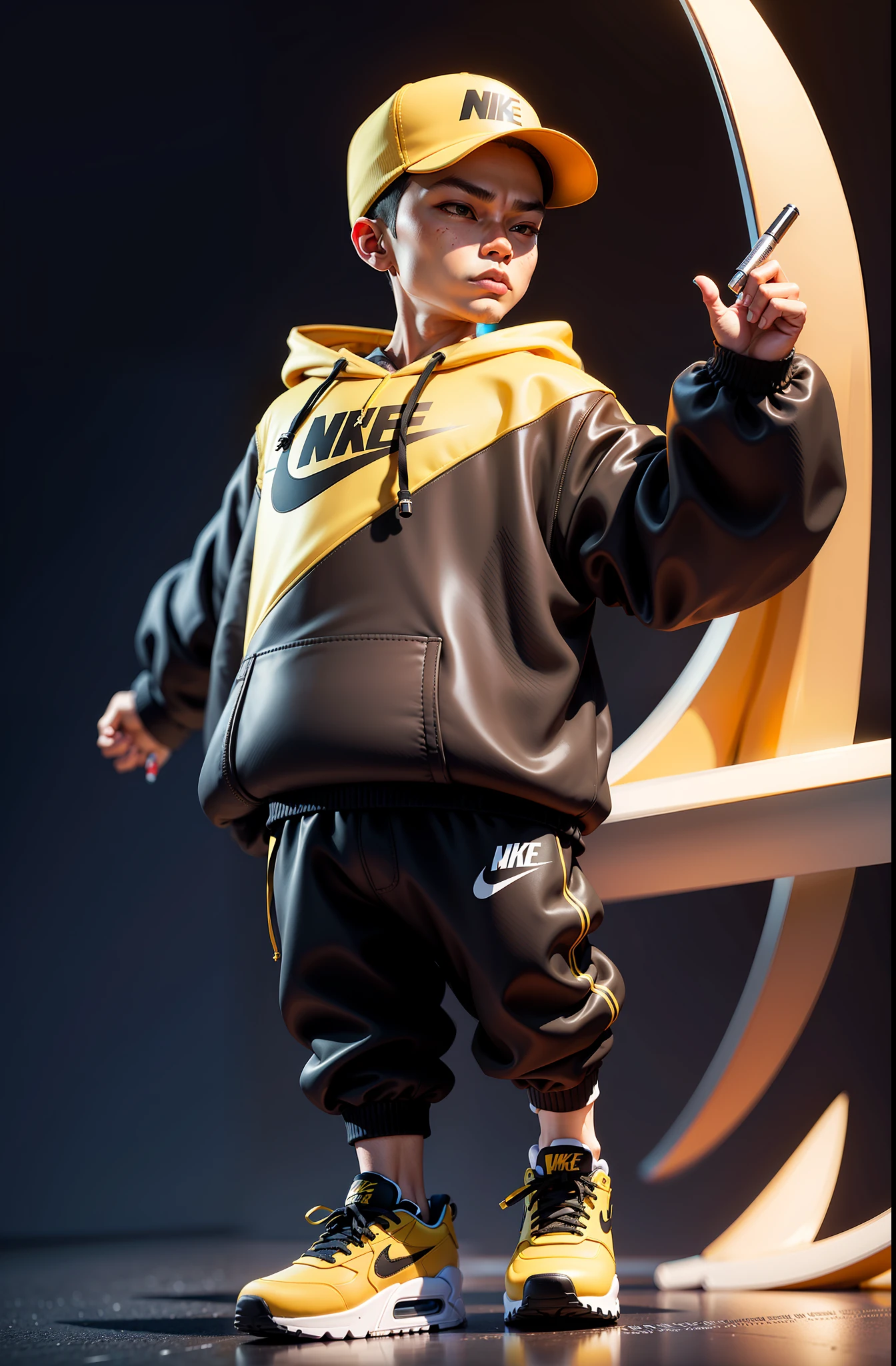 Asian rapper 3d character, waring black hoodie, waring black jogger pen, waring Nike air max 90 yellow, in the photo studio, studio lighting, black background, canon 85 mm lens, portrait, focus on face, detail face, hyper realastic 3d raendar, hyper detail