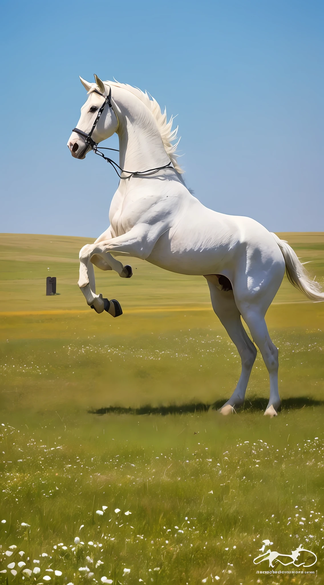 A white horse roars on the vast steppe
