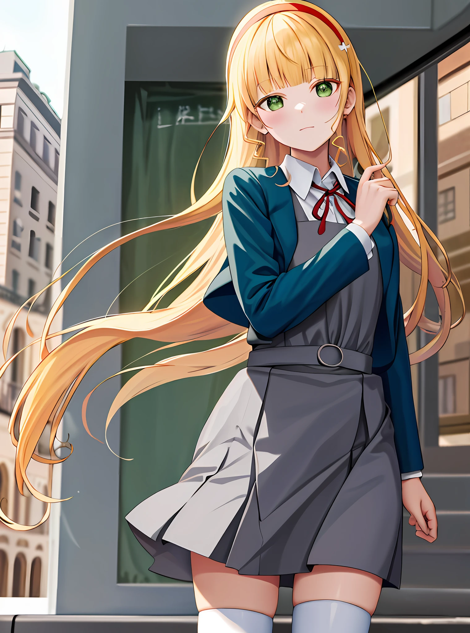 masterpiece, (best quality:1.2), detailed, highres, sumire1, (solo), HD, (yellow hair:1.1), (long hair:1.1), hairband, (green eyes:1.2), (blunt bangs:1.2), (closed mouth:1.2), (standing:1.2), (school uniform:1.2), red ribbon, neck ribbon, (thighhighs:1.0), pinafore dress, (grey dress:1.1), (blue jacket:1.1), (open jacket:1.1), white shirt, long sleeve, collared shirt, (looking at viewer:1.3), detailed eyes, detailed hair, (outdoors:1.3), (lighting:1.3), (high details)