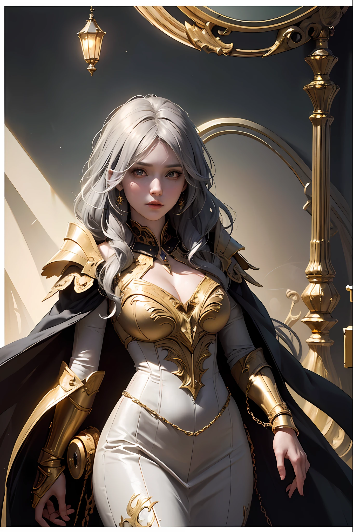 (Front Focus), (In the Dark: 1.6), A Woman Wearing Gorgeous Golden Robe, Fantasy Art, Photo Realism, Dynamic Lighting, Artstation, Poster, Volumetric Lighting, Very Detailed Face, 4 K, Award-Winning 1girl, In the Dark, Deep Shadow, Low Key, Cowboy Shot, (Official Uniform: 1.4), Long Hair, Gray Hair