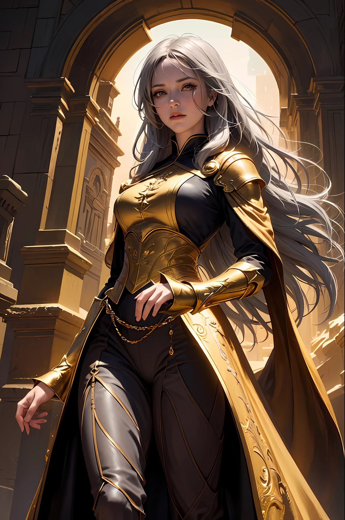 (Front Focus), (In the Dark: 1.6), A Woman Wearing Gorgeous Golden Robe, Fantasy Art, Photo Realism, Dynamic Lighting, Artstation, Poster, Volumetric Lighting, Very Detailed Face, 4 K, Award-Winning 1girl, In the Dark, Deep Shadow, Low Key, Cowboy Shot, (Official Uniform: 1.4), Long Hair, Gray Hair