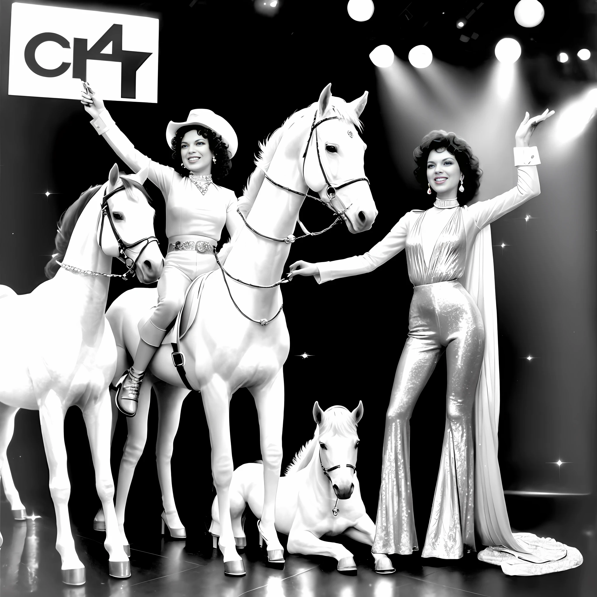 A glitzy and glamorous party scene at Studio 54 in New York City during the 1980s, with Bianca Jagger riding one majestic white horse on the dancefloor, while other celebrities mingle, drink, and dance in the background. The image should have a slightly pop art feel and be shot in vivid 8K resolution with crisp HD clarity, and rendered in black and white for a timeless and classic touch.