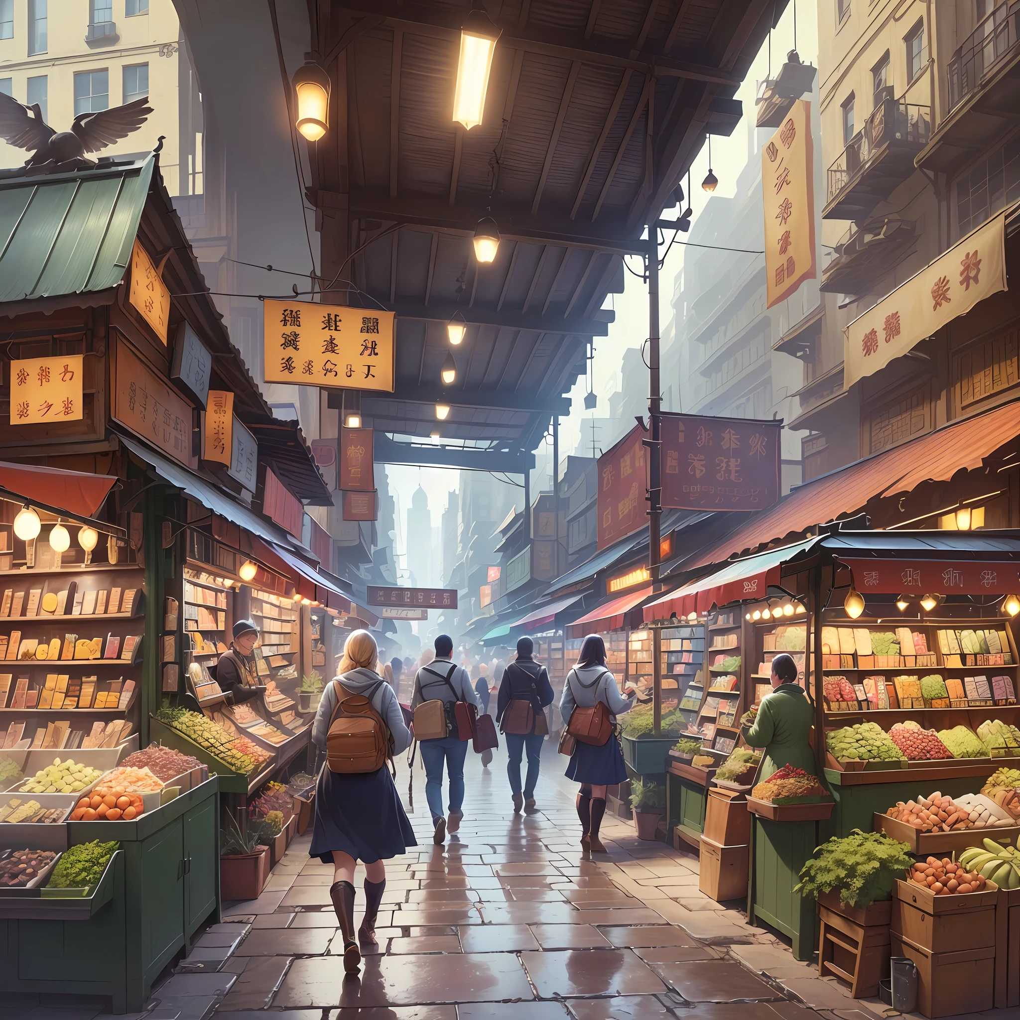 (Large and bustling city, intricate buildings, high-quality ground, light, fine picture details, fast-paced market, gorgeous and simple characters: 0.9), (sunny, technological, bustling market, plants: 1), (convenient transportation, books and electronics, technological atmosphere, floating objects and sky: 1.7)