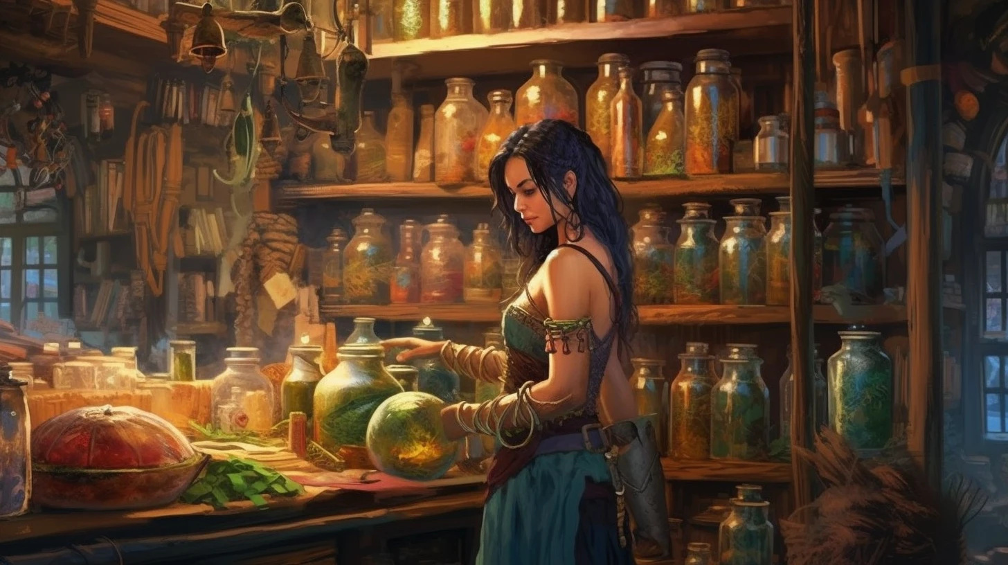 Inside a magic potion shop, woman vendor wearing a long hat, high fantasy, Frank Frazetta inspiration, artstation aesthetics, UltraHD ::1
Wide angle, very colorfull, detailed ::0.4 --ar 16:9