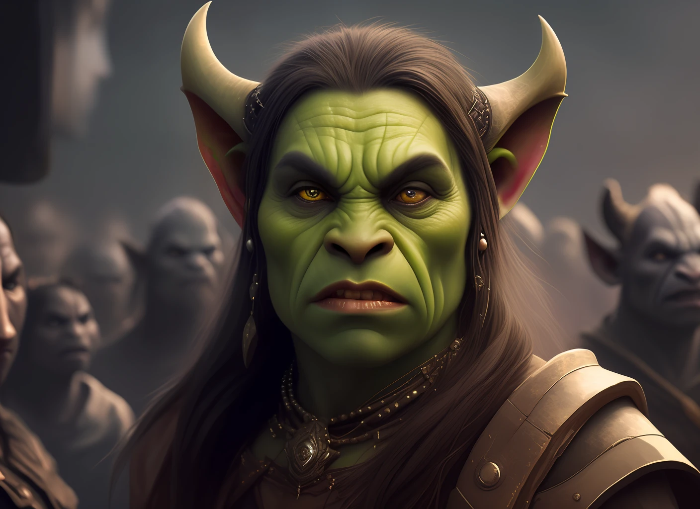 wlop, dalcefo, realism, painting, darkness, princess avatar, orc crowd, fine and detailed face, cinematic light,