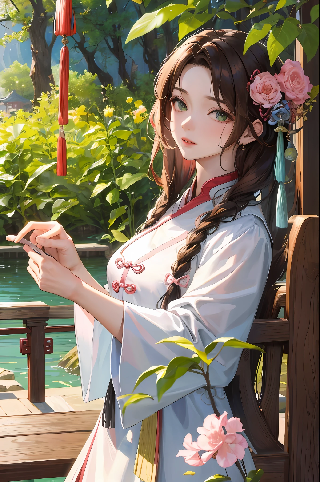 Masterpiece, Superb Daytime, Outdoor, Water's Edge, Festival, Festivity, A Woman, Mature Woman, Chinese Style, Ancient China, Sister, Royal Sister, Indifferent Expression, Expressionless Face, Dark Brown Hair, Green Eyes, Single Twist Braid, Curly Hair, Double Pill, Head Light Pink Lips, Calm Lips, Intellectual, Chinese Hairpin, Doctor's Herbs