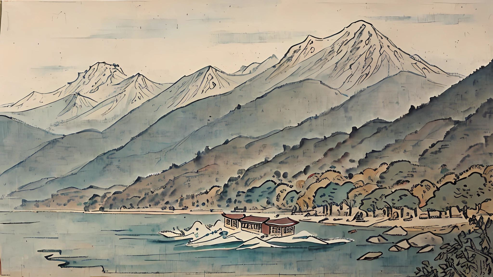 (Masterpiece, best quality: 1.2), traditional Chinese ink painting,Mountains, rivers, boats, ferries