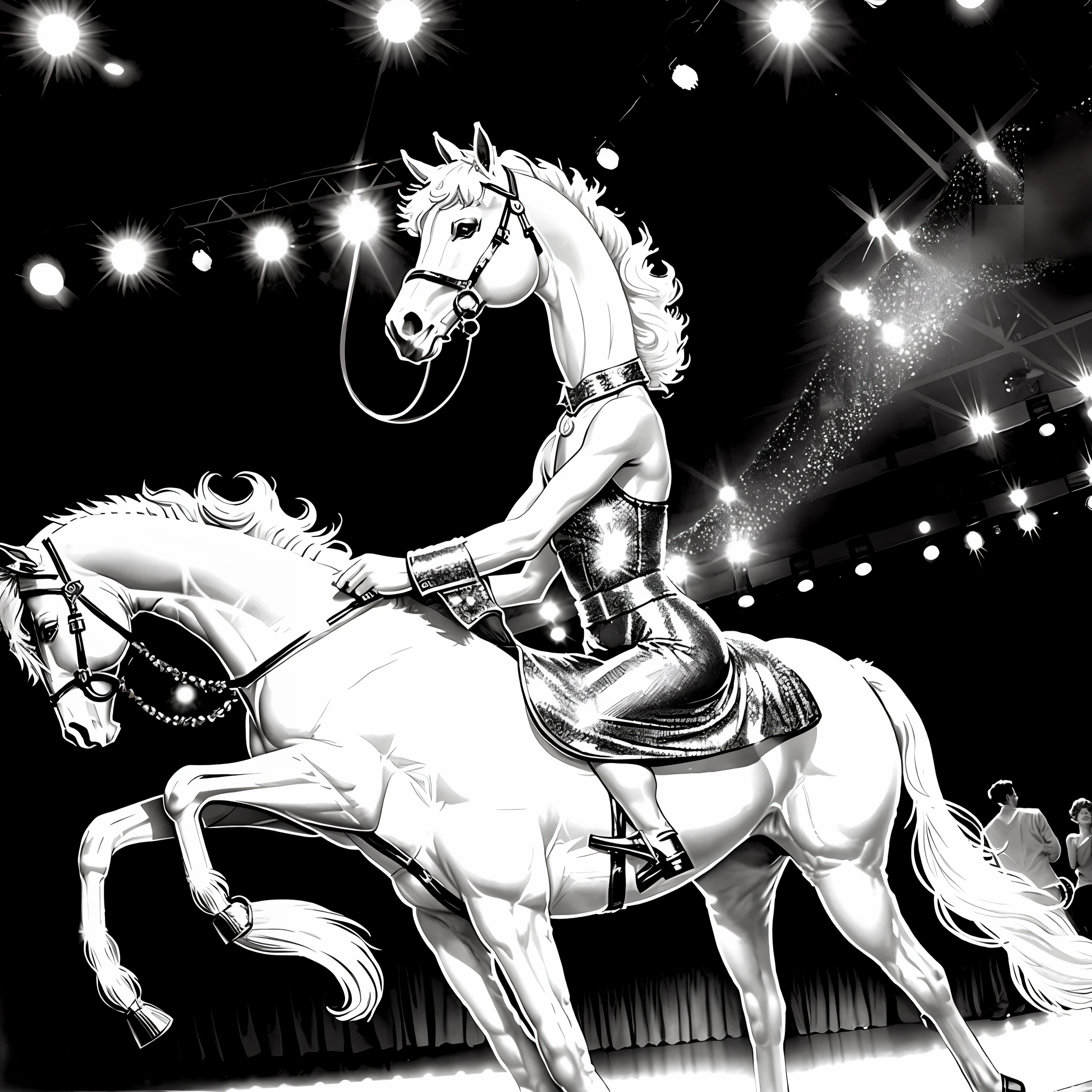 A glitzy and glamorous party scene at Studio 54 in New York City during the 1980s, with Bianca Jagger riding one majestic white horse on the dancefloor, other celebrities dance in the background. The image should have a slightly pop art feel and be shot in vivid 8K resolution with crisp HD clarity, and rendered in black and white for a timeless and classic touch.