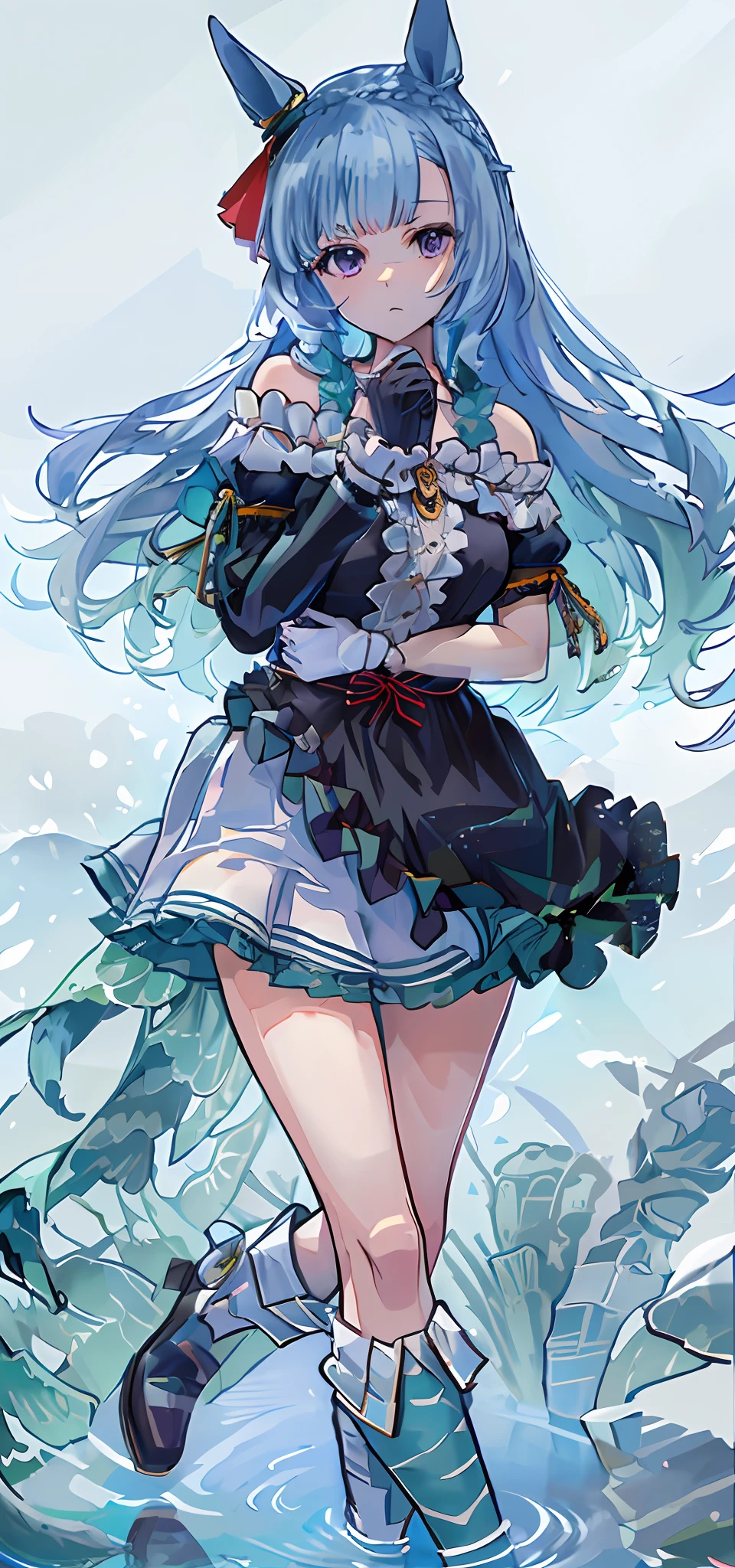 ((masterpiece, best quality)),(illustration),(detailedlight),((anextremelydelicateandbeautiful)),colorful, high contrast, 1girl,Mejiro Ardan,Mejiro Ardan(Racing clothes),horse ears,horse girl,long_hair,blue_hair,purple_eyes,crown_braid,ear_ornament,asymmetrical_gloves,asymmetrical_footwear,off_shoulder,single sleeve,ribbon,solo,sea,aqua flower,falling petals, lying on water,reflection,
