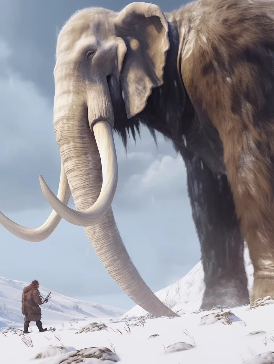 A mammoth walking in a snowfield, huge ivory, high resolution, high detail --ar 3:4 --niji 5 --s 40