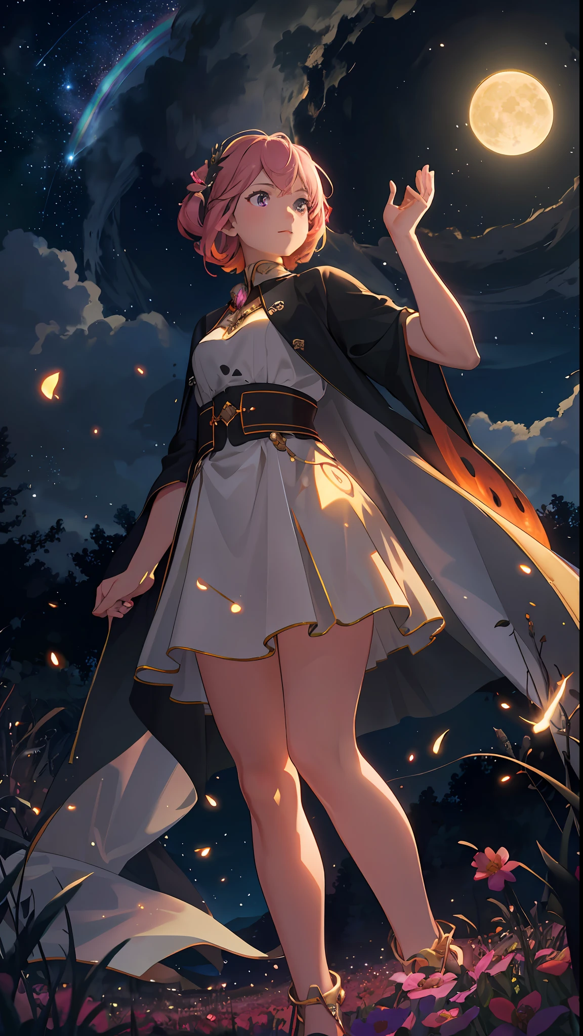 Vast landscape photo, (viewed from below, the sky is above and the open field is below), a girl standing on a flower field looking up, (full moon: 1.2), (meteor: 0.9), (nebula: 1.3), distant mountains , Trees BREAK Crafting Art, (Warm Light: 1.2), (Fireflies: 1.2), Lights, Lots of Purple and Orange, Intricate Details, Volumetric Lighting, Realism BREAK (Masterpiece: 1.2), (Best Quality), 4k, Ultra-Detailed, (Dynamic Composition: 1.4), Very Detailed, Colorful Details, (Rainbow Colors: 1.2), (Glow Lighting, Atmospheric Lighting), Dreamy, Magical, (Solo: 1.2)