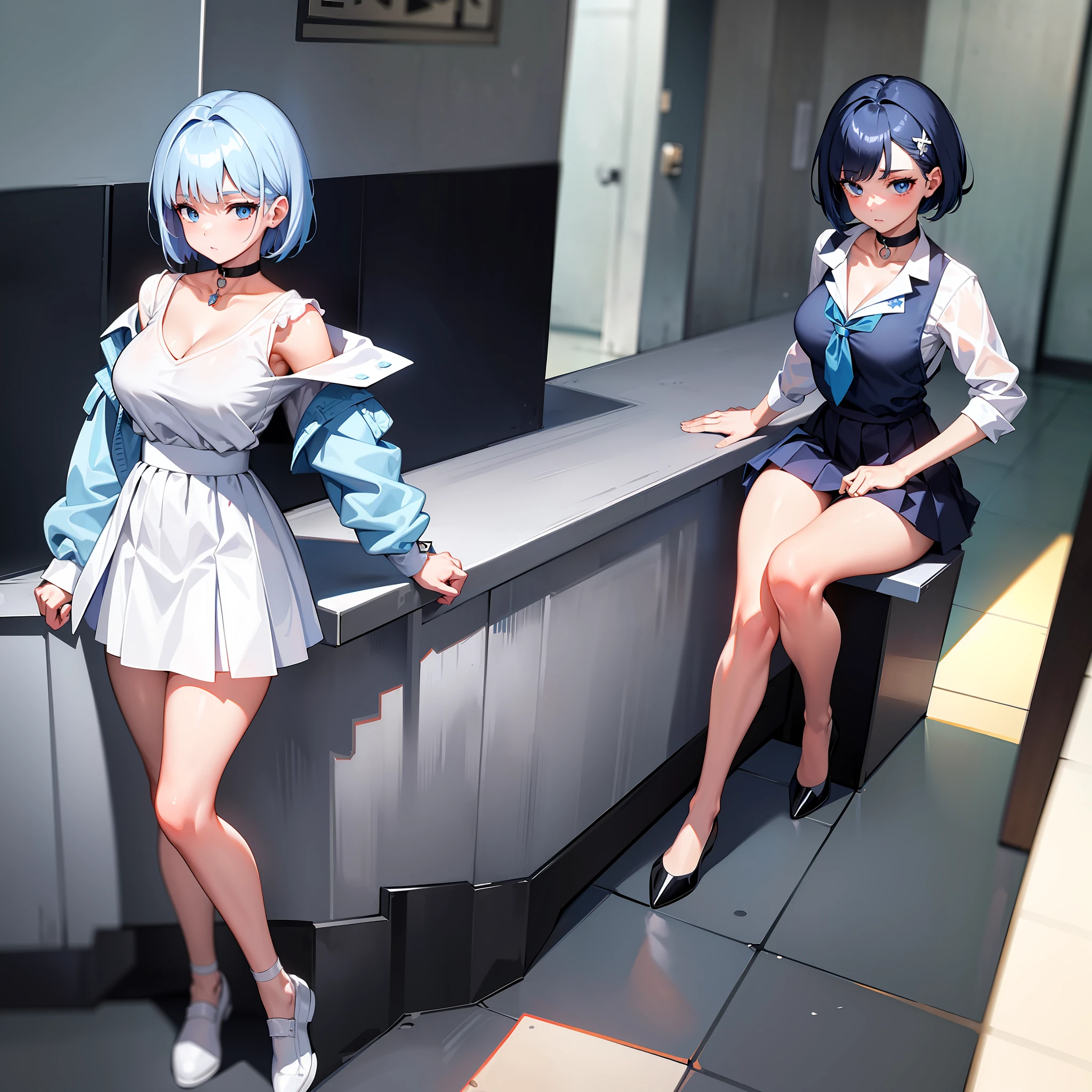 ((masterpiece)),(best quality),(detailed),(1girl),white tight school shirt,short blue hair, blue eyes,expressioness,(choker),school skirt,looking at viewer,bobcut,middle breasts, full body