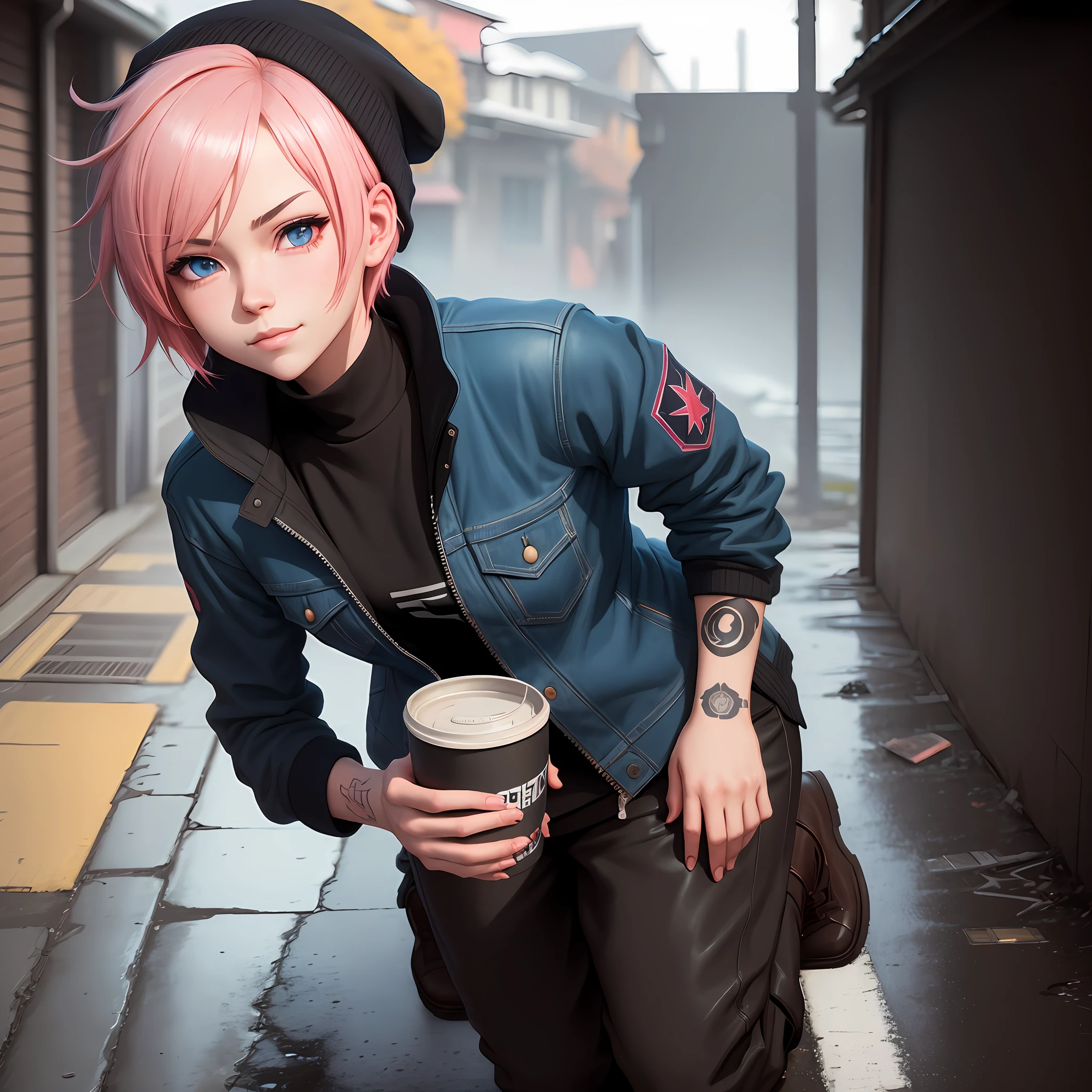American plane, a detailed portrait of a beautiful pink haired (anime) girl, (1girl) , short hair, close up, wearing a blue beanie, wearing a blue jacket, black shirt collar, blue eyes, smirk smile, seductive gaze, ( neck tatoos:1.1), masterpiece, high quality, art by artgerm, sakimichan, Taejune Kim, pixiv, krenz cushart, ilya kuvshinov, Goro Fujita, Cyril Rolando, (black background), saturated colors, (sharp edges) (masterpiece, top quality, best quality), in a alley, wet floor, vibrant colors, 8k, unreal engine 5, artstation