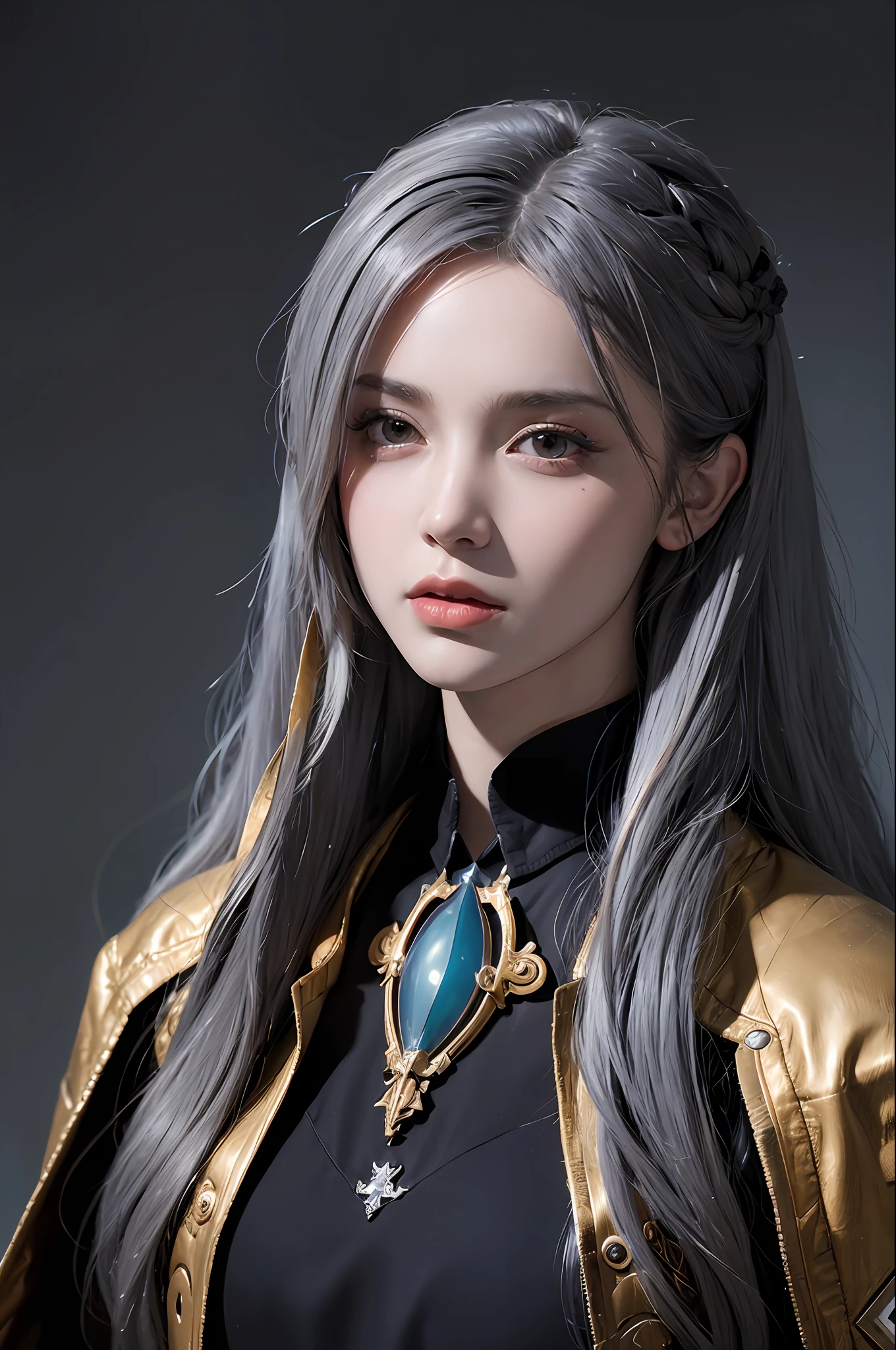 (In the Dark: 1.6), Surrealist Female Portraits by Di Li Gerba and Alphonse Mucha, Fantasy Art, Photo Realism, Dynamic Lighting, ArtStation, Poster, Volumetric Lighting, Very Detailed Faces, 4 K, Award-Winning , 1Girl, In the Dark, Deep Shadow, Understated, Cowboy Shot, (Official Costume: 1.4), Long Hair, Gray Hair,