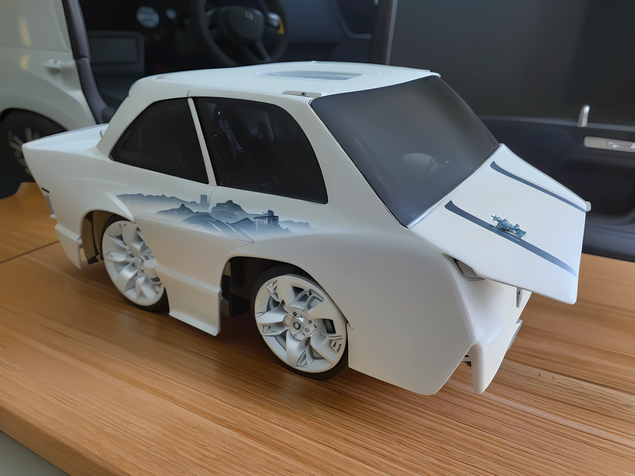 there is a paper model of a car on a desk, full view of a car, finely detailed car, front side view full sheet, prototype car, intricate detailed racing car, front side full, race car, miniature of a sports car, inspired by Hendrick Cornelisz Vroom, rear-shot, highly detailed toy, 2d side view, vehicle concept photo!!