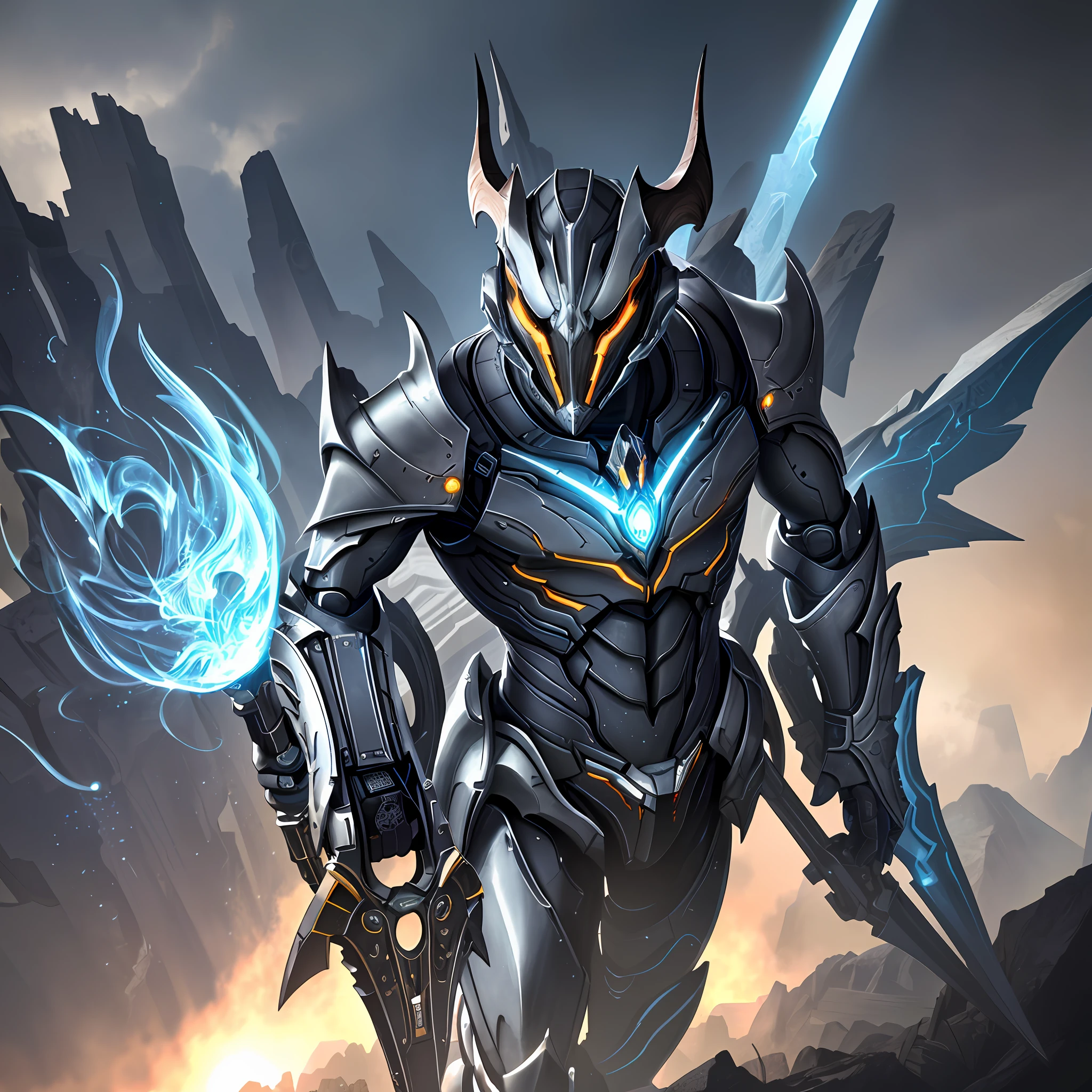 (masterpiece:1.2), best quality, high resolution, unity 8k wallpaper, (illustration:1.0), beautiful detailed, extremely detailed, perfect lighting, extremely detailed CG,glowing eyes,backlighting, 
 armor, fake_horns, glowing, full_armor,warframe,humanoid_robot,horns,helmet,mask,sample_background,weapon, monster, blue_armor,
looking at the viewer,solo,perspective,