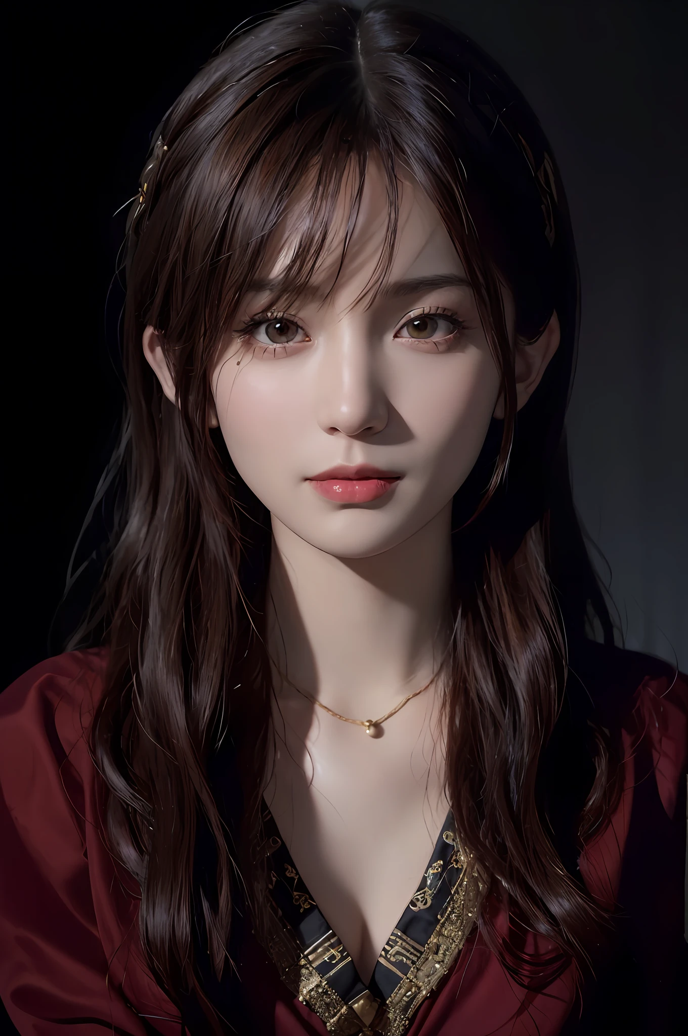 (Front Focus), (In the Dark: 1.6), Surrealist Female Portraits by David Hockney and Alphonse Mucha, Fantasy Art, Photo Realism, Dynamic Lighting, ArtStation, Poster, Volumetric Lighting, Very Detailed Faces, 4 K, Award, 1girl, In the Dark, Deep Shadow, Low Key, Cowboy Shot, (Gold Silk: 1.4), Long Hair, Redhead 8k, RAW Photo (Realistic, Photo Photofidelity:1.37), hair accessory, portrait, necklace, cute, red silk dress, professional lighting, photon mapping, radiosity, physically based rendering, smile, pose, redhead, fluffy, black silk, cat ears, room, between_leg