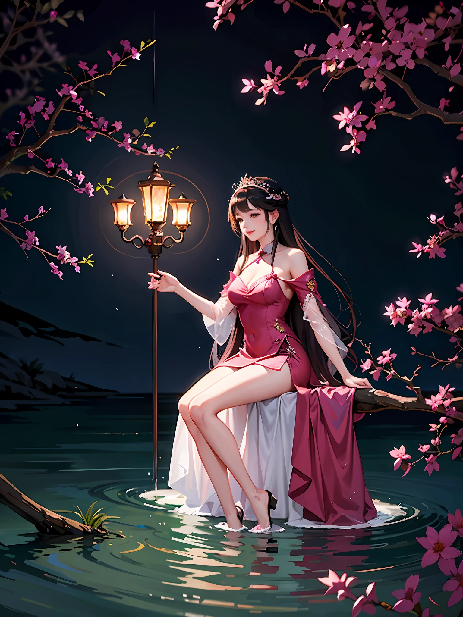 Beautiful woman in pink silk dress smiling in the water, Queen Fan, in the water to her shoulders, Shaxi, stockings, full body fairy,