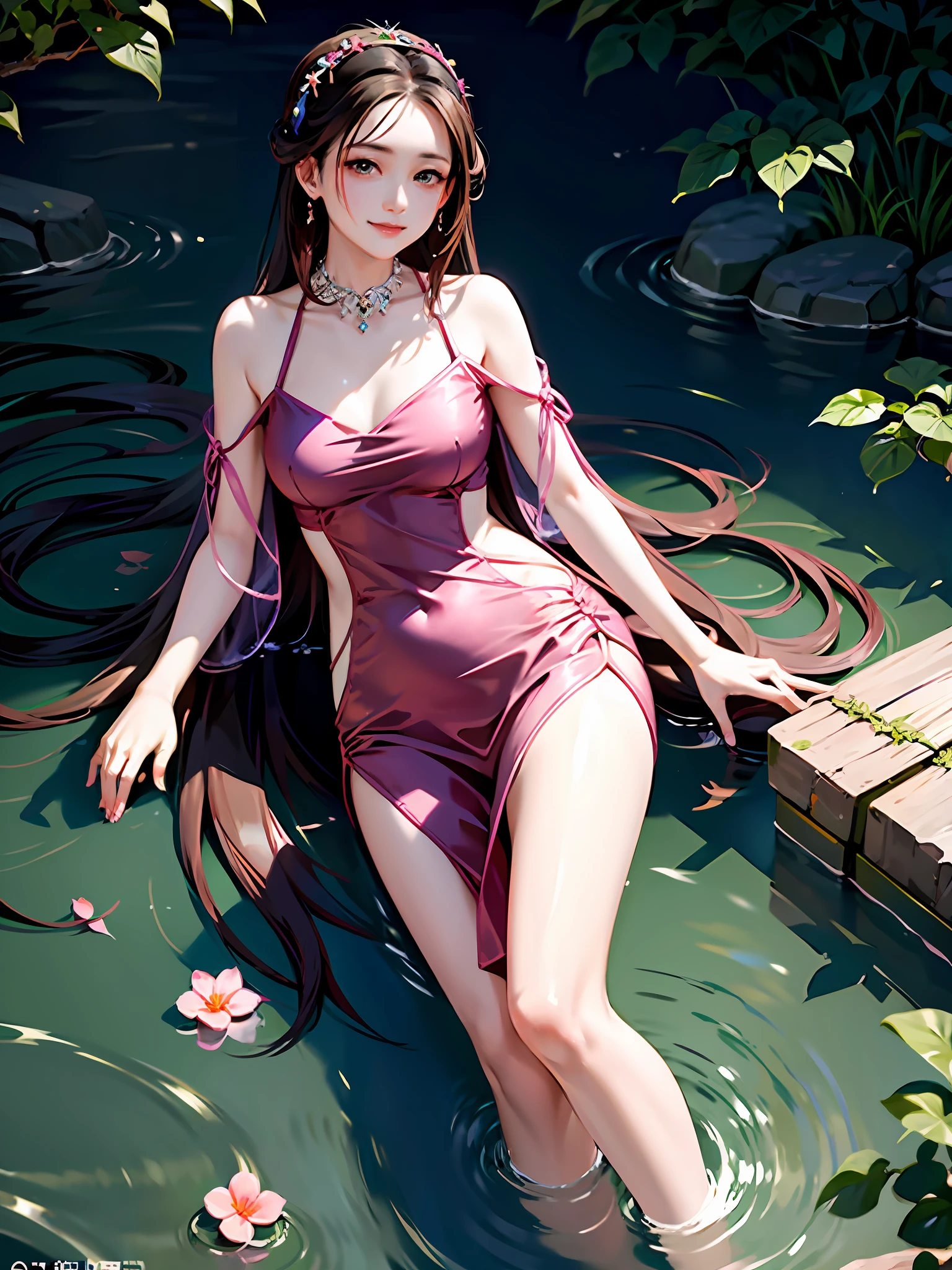 Beautiful woman in pink silk dress smiling in the water, Queen Fan, in the water to her shoulder, Shaxi, full body fairy,