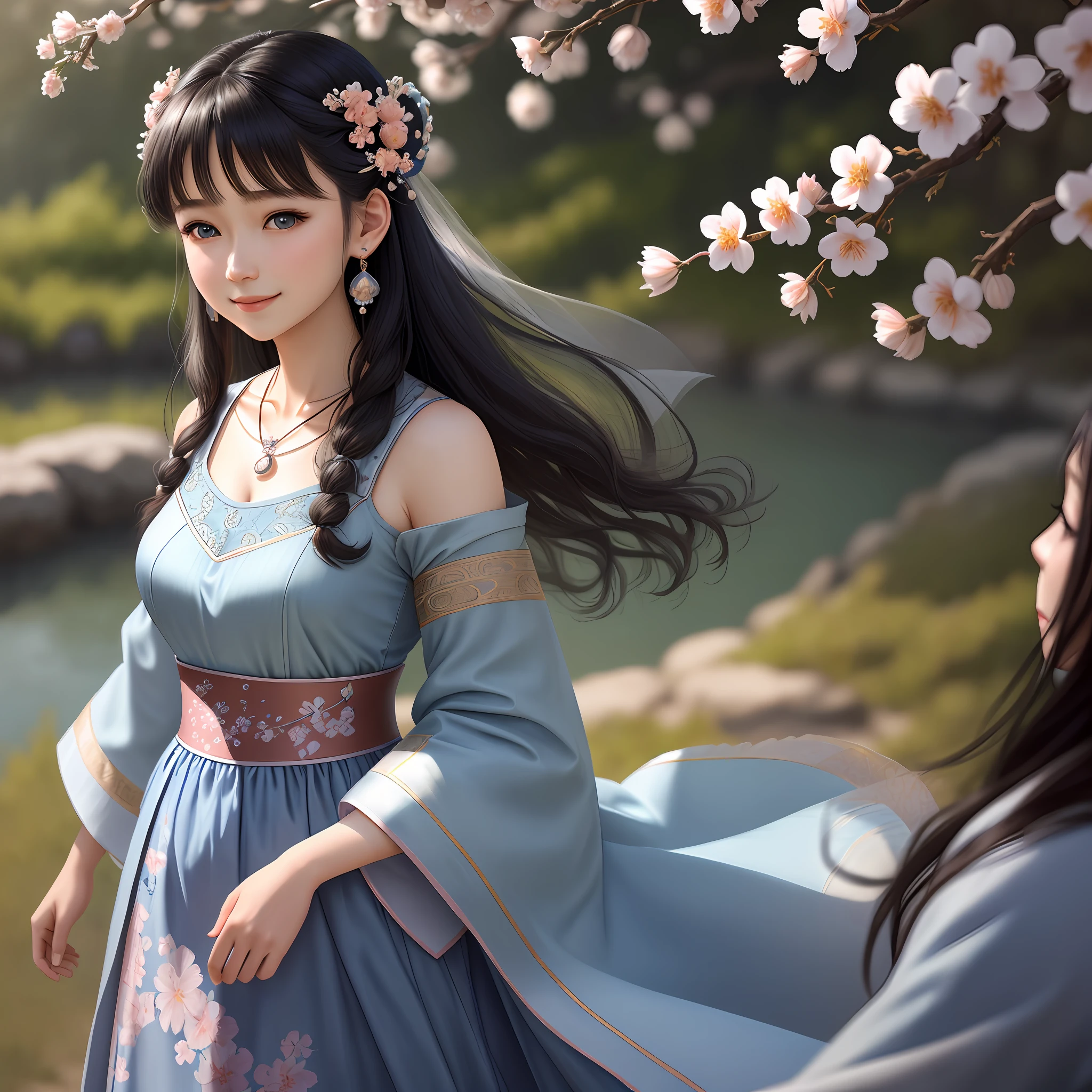 (masterpiece), (best quality), (ultra detailed),(highres), abrudrres, ultra realistic 4k CG, delicate pattern, intricate details, best illumination, best shadow, natural lighting, depth of field, blurry, 1girl, solo, medium_breasts,necklace,earrings,jewelry,black hair,solo,earrings,blue eyes,long hair,necklace,smile,hair accessories,shining skin,denim photo,Hanfu,floating hair,peach blossom,plum blossom,trees,outdoors,
