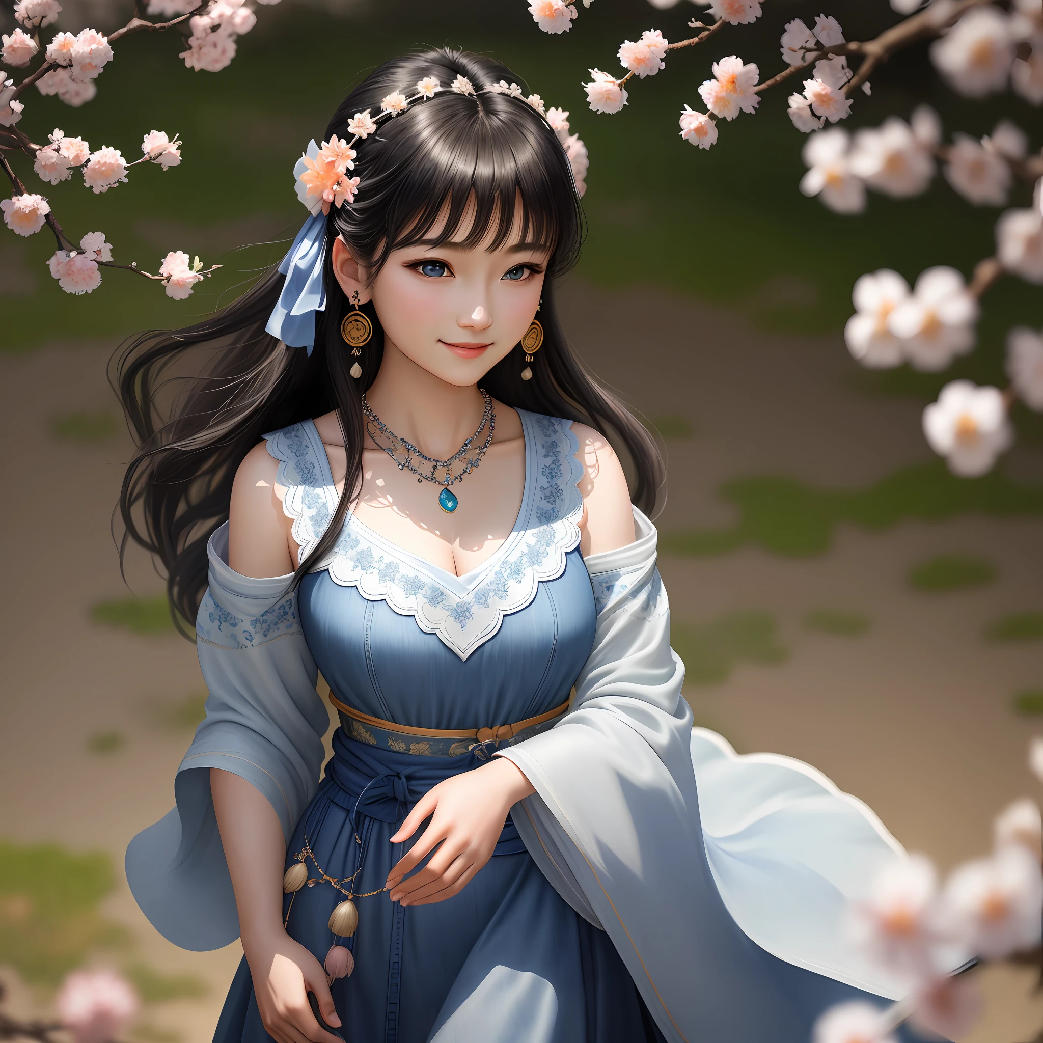 (masterpiece), (best quality), (ultra detailed),(highres), abrudrres, ultra realistic 4k CG, delicate pattern, intricate details, best illumination, best shadow, natural lighting, depth of field, blurry, 1girl, solo, medium_breasts,necklace,earrings,jewelry,black hair,solo,earrings,blue eyes,long hair,necklace,smile,hair accessories,shining skin,denim photo,Hanfu,floating hair,peach blossom,plum blossom,trees,outdoors,