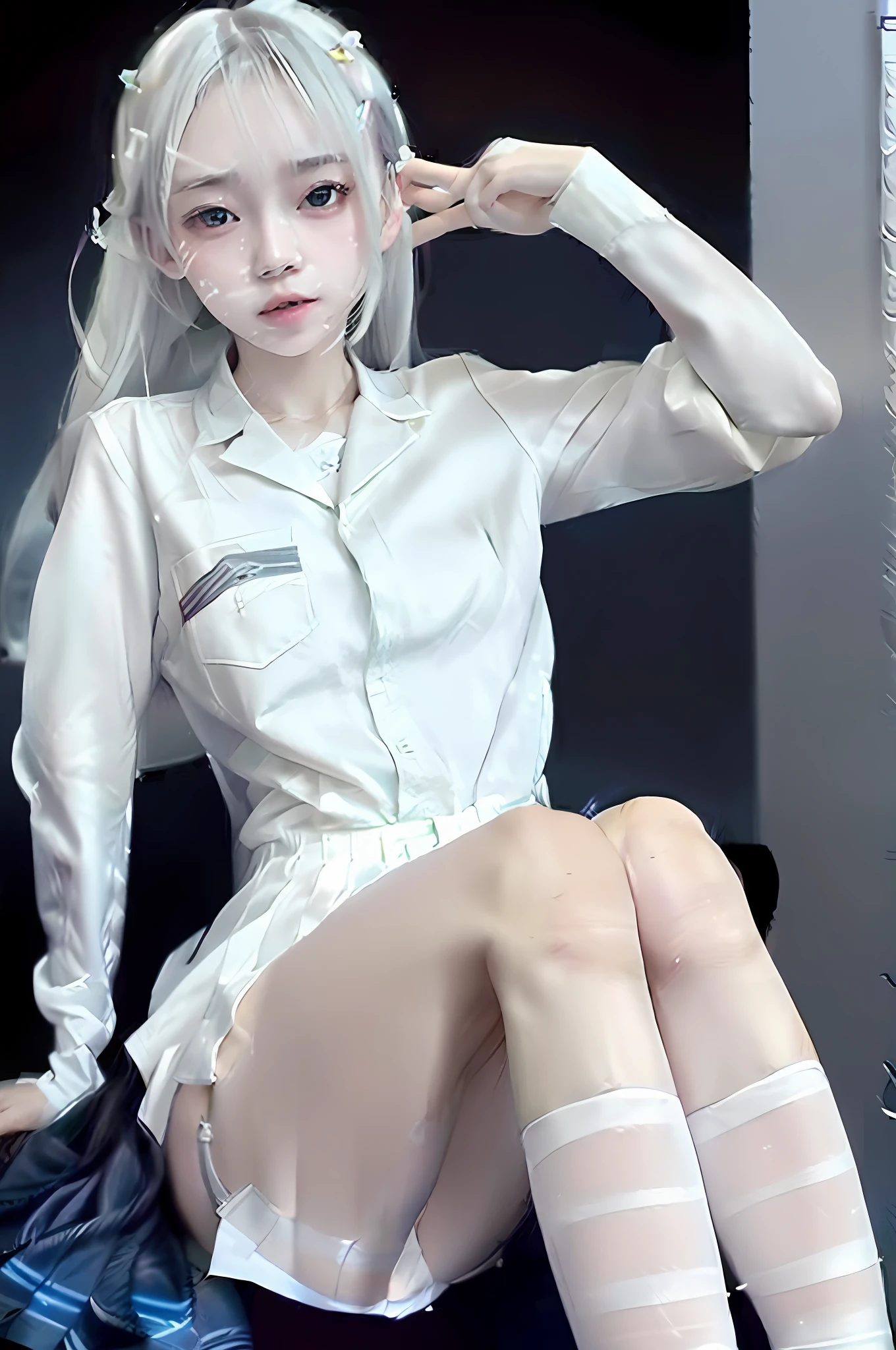 There is a woman sitting at the table, wearing a white shirt, shiny white skin, perfect white-haired girl, Korean girl, smooth translucent white skin, white shiny skin, pale smooth, attractive pose, 20-year-old female model, sexy pose, milky skin, wearing white clothes, real life anime girl, white-haired Tifa Lockhart, white long hair, light blue shorts, super short shorts, white bra, playful sexy, enchanting pose,