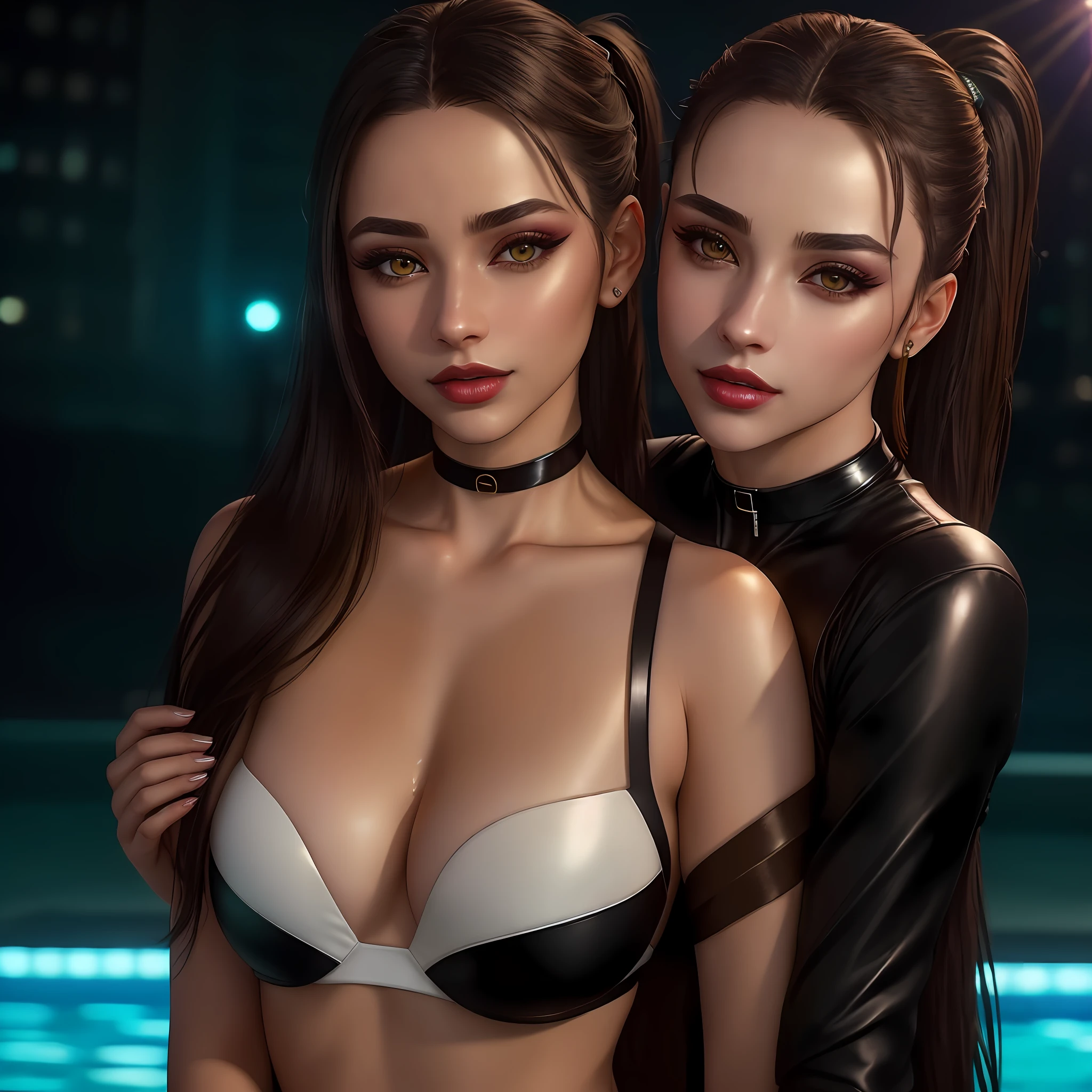 2woman hugging each other, hands over crotch, (one woman hasgreen eyes, white skin, long black hair, ponytail, choker, small breasts, lipstick, makeup, eyeliner), (other woman is a blonb with brown eyes), wearing a neon sexy outfit, on the pool, (cyberpunk theme), (masterpiece, best quality, 8k, sharp focus, depth of field, best shadows, perfect lights, HDR, realistic skin texture, ultra-detailed and detailed background),