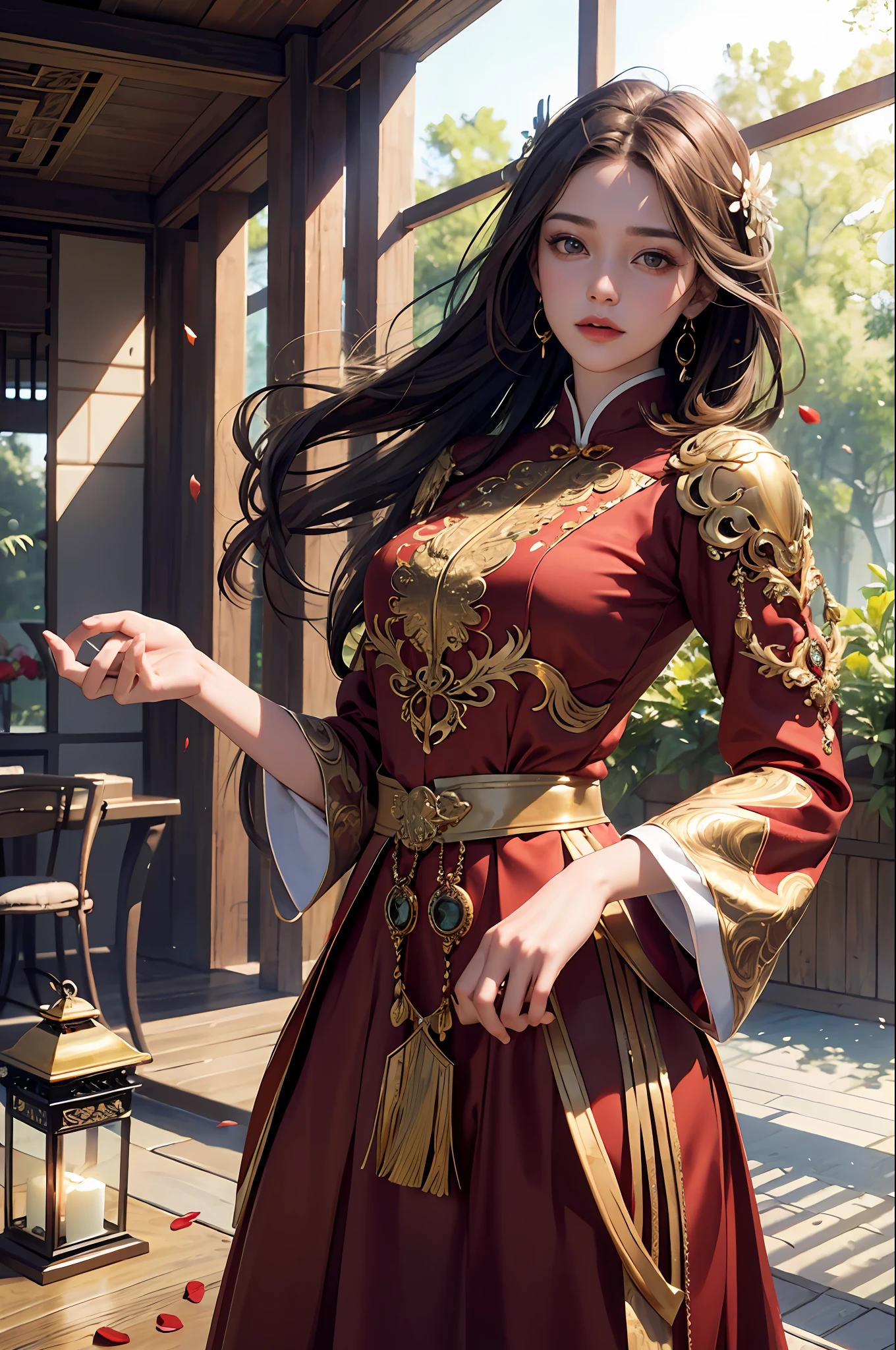 best quality, masterpiece, highres, (exquisite body:1.5),gorgeous face,(milky skin:1.3),intricate details,high resolution,wallpaper,
1girl, solo, dress, hair ornament, (((gold and red dress))), flowers, long hair, brown hair, closed mouth, jewelry, long sleeves, hand up, wide sleeves, big eyes,floating hair, chinese clothes, hanfu, embroidery, long skirt, natural pose, falling petals, indoor,fanning, lantern,
16K,HDR,highres,depth field,(film grain:1.1),boken,golden hour,(lens flare),vignette,rainbowing,(color grading:1.5)