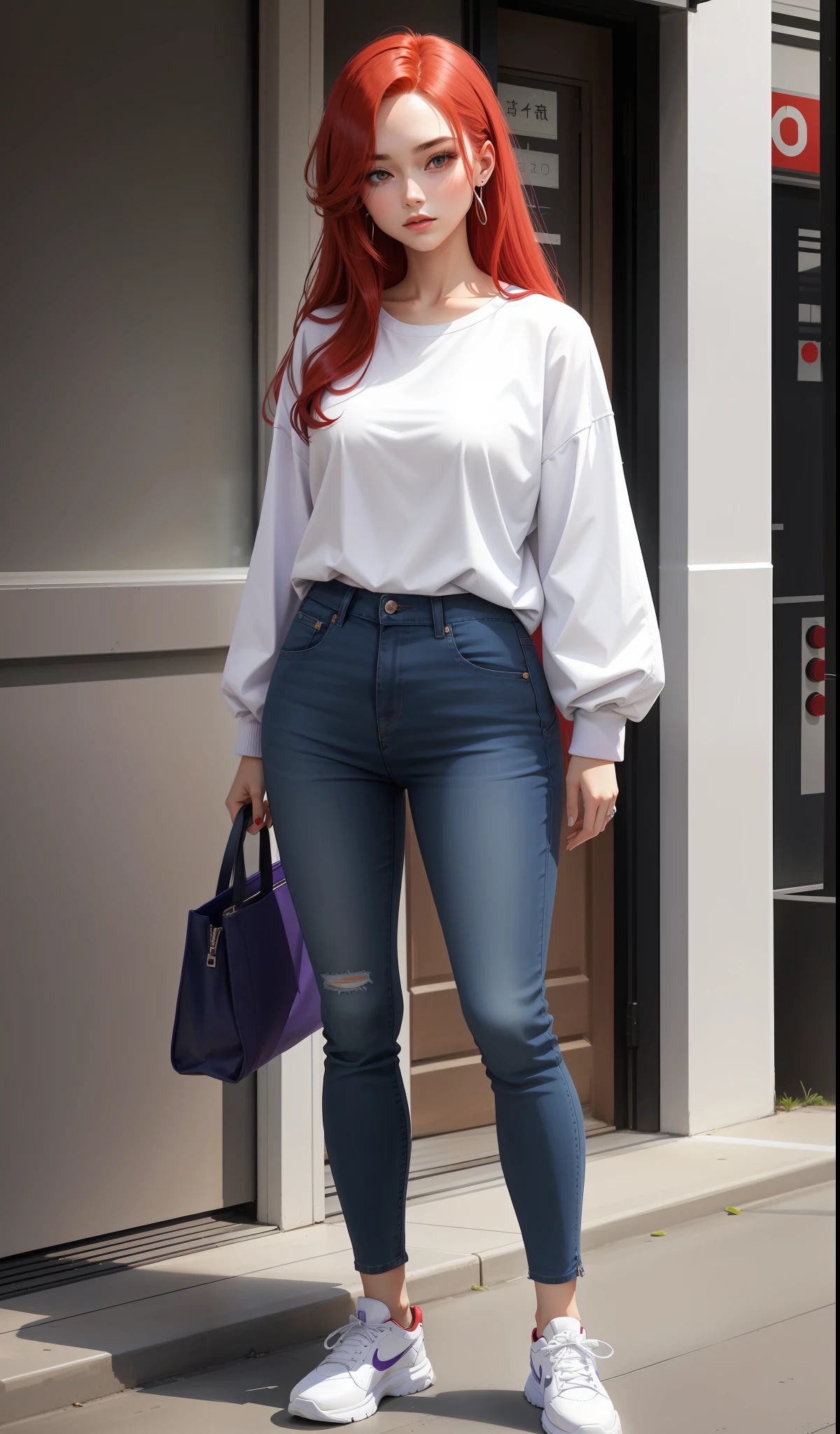 a woman in a purple shirt and blue pants, simple style, wearing elegant casual clothes, muted purple, simple clothes, milk and red style, casual clothing style, modern fashion outfit, wearing a fisher , casual modern clothing, inspo, red clothes, red pants, neutral tones, rred and white color scheme, casual business outfit, scary face, nike shoes, 22 years old, adult face, long hair, ((red hair))