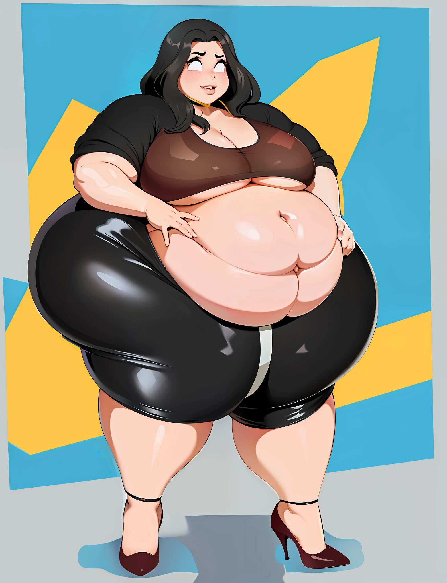 cartoon of a fat woman in a black dress and high heels, she has a jiggly fat round belly, insanely inflated hips, thicc, her belly is fat and round, fullbody commission for, cel shaded!!!, commission for high res, full body portrait of a short!, big belly, obese ), cel shaded:15, thick body, fat woman