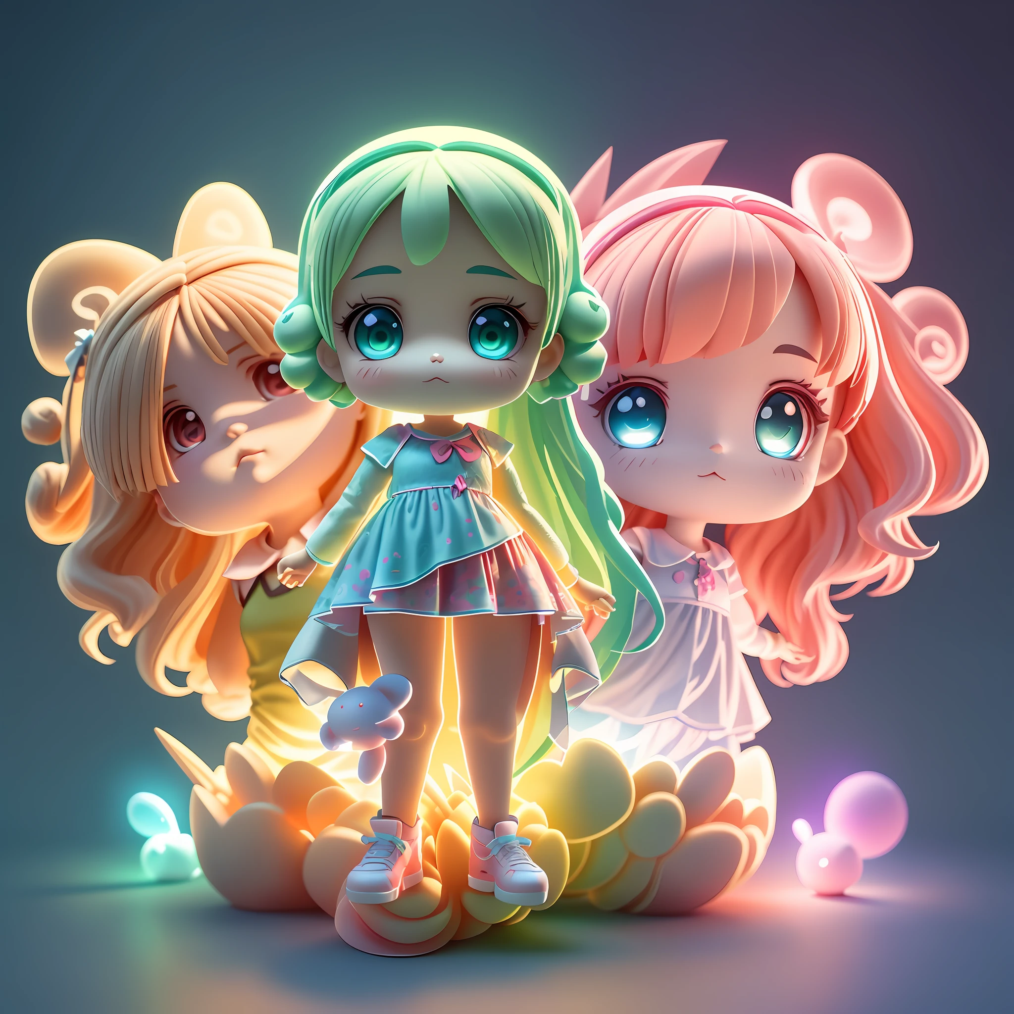 3D toy, 1 girl, (full Buddy), (((multiple views of the same character))), (three view, front view, left view, rear view,) exaggerated hair, 3d hair, beautiful eyes, big eyes with pink green gradient, pop mart, chibi, luminous body, kawaii, face features vivid, colorful, plastic, product design, glowing jelly, cute plastic mechanical parts, awesome lighting, 3d, digital art, 3d, super detailed, borderless , C4D, Octane rendering, Blender, HD, full body, simple background! ! ! ,, the legs should be coordinated