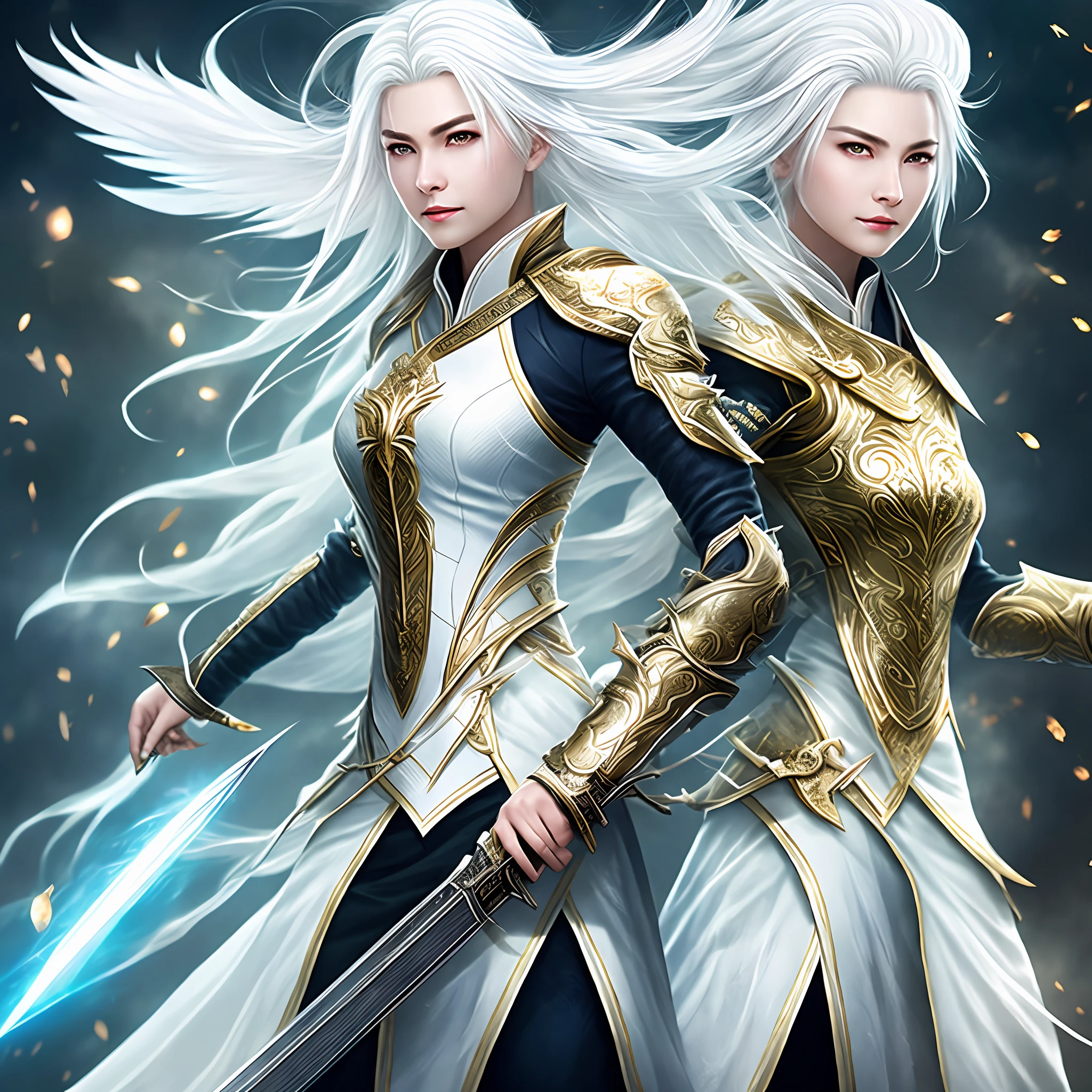 female human, white hair, white skin, Chinese suit, sword, dark energy, wing, 8k, best quality