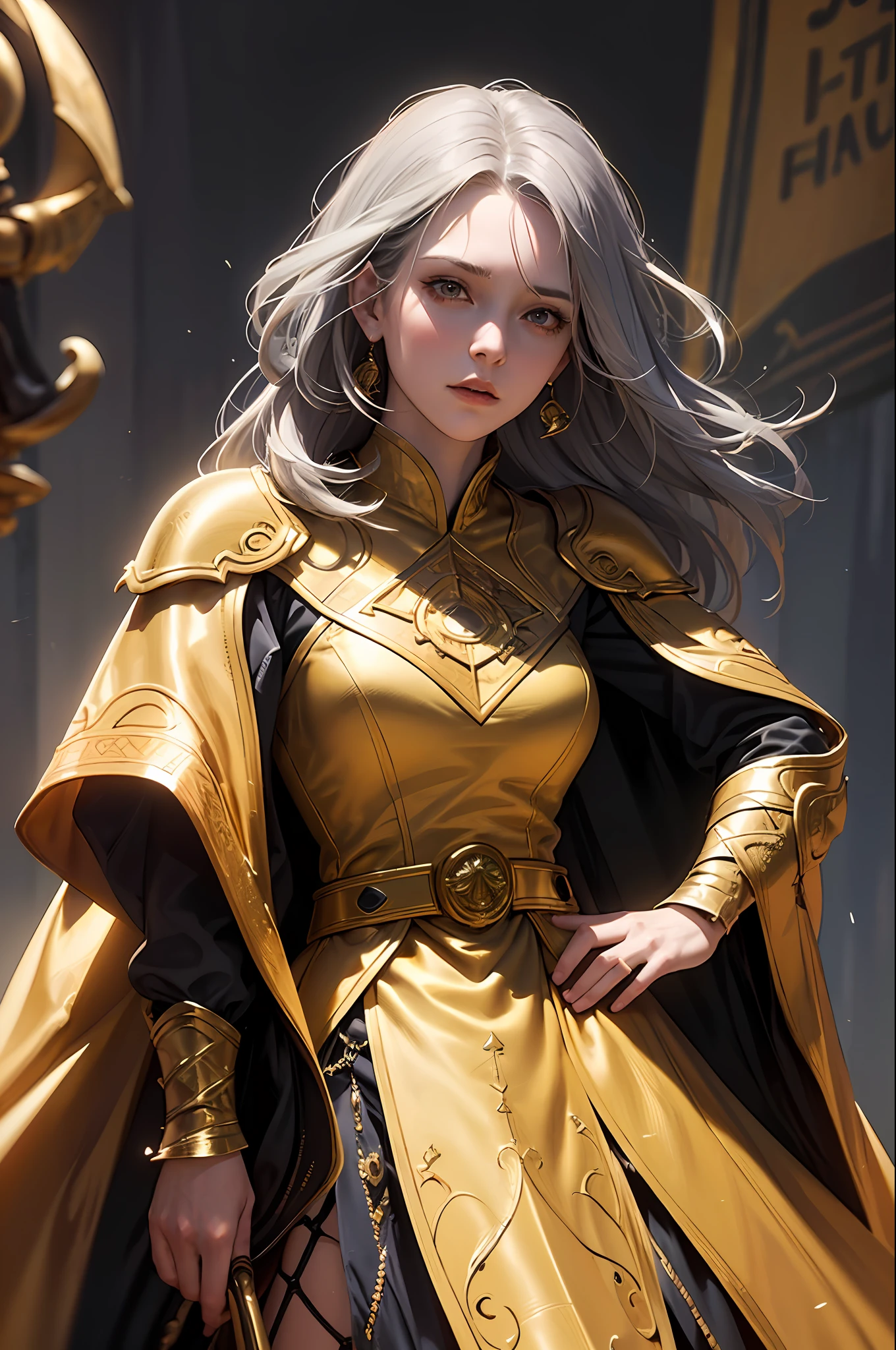 (Front Focus), (In the Dark: 1.6), A Woman Wearing Gorgeous Golden Robe, Fantasy Art, Photo Realism, Dynamic Lighting, Artstation, Poster, Volumetric Lighting, Very Detailed Face, 4 K, Award-Winning 1girl, In the Dark, Deep Shadow, Low Key, Cowboy Shot, (Official Uniform: 1.4), Long Hair, Gray Hair