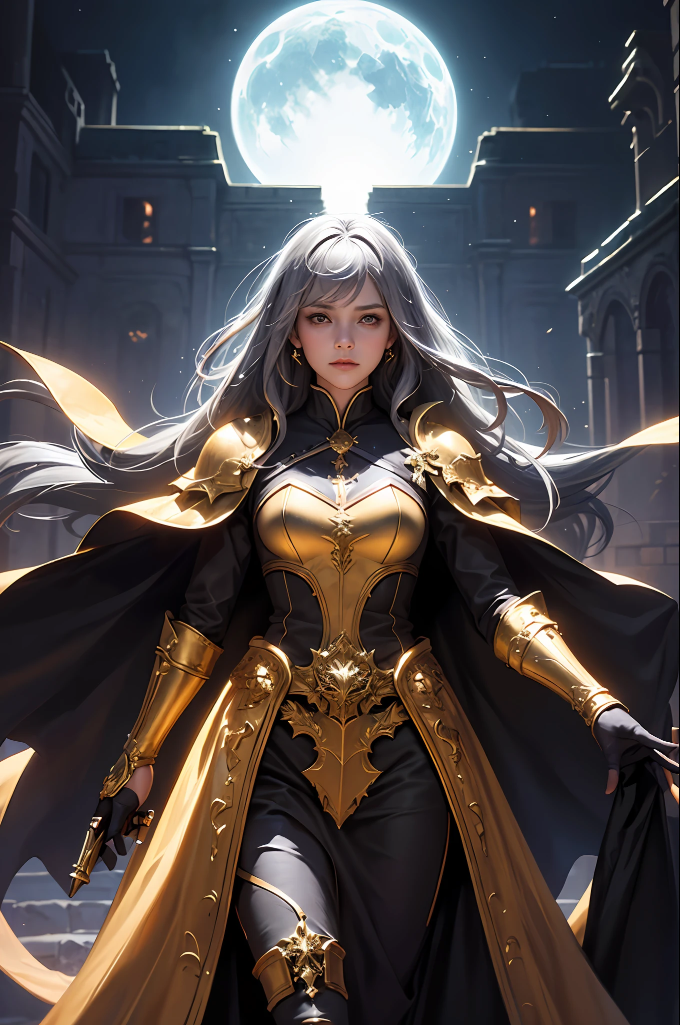 (Front Focus), (In the Dark: 1.6), A Woman Wearing Gorgeous Golden Robe, Fantasy Art, Photo Realism, Dynamic Lighting, Artstation, Poster, Volumetric Lighting, Very Detailed Face, 4 K, Award-Winning 1girl, In the Dark, Deep Shadow, Low Key, Cowboy Shot, (Official Uniform: 1.4), Long Hair, Gray Hair