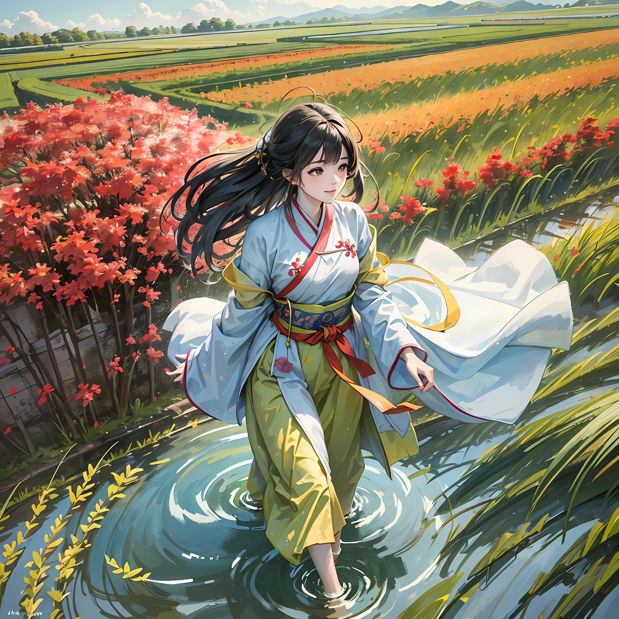RAW photo, masterpiece, best quality, (1girl), walking in the rice field, outdoor, sunny day, happy, smile, wearing colorful Hanfu, beautiful girl, messy hair, floating hair and clothes in the wind, side look