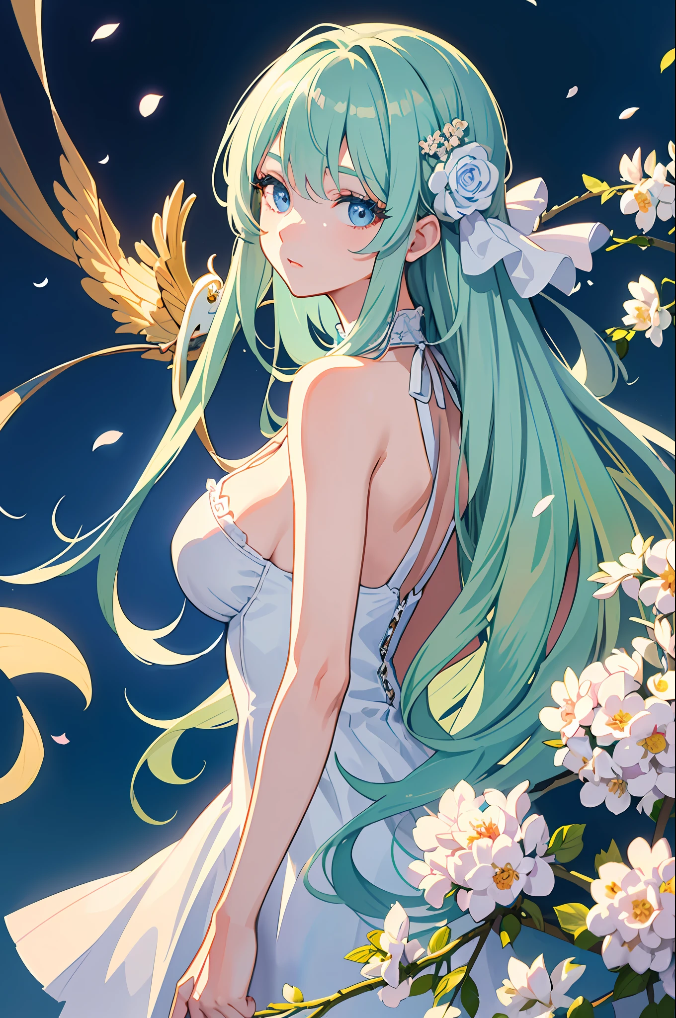 (masterpiece:1.2, best quality), (finely detailed beautiful eyes: 1.2), ((1girl)), ((solo)), a girl with mint hair, worn loose and wavy that some of her hair cover he face, light blue eyes with long eyelashes, (finely detailed eyes and detailed face:1.3), (beautiful and clear background:1.2), (extremely detailed CG, ultra-detailed, best shadow:1.1), ((depth of field)), ((watercolor)), (human1.5), (idol uniform:1.3), large breasts, bare shoulders, flowers and petals, beautiful concept illustration, (white background:0.5), (illustration:1.1), (extremely fine and beautiful:1.1), (perfect details:1.1), from side, cowboy shot,