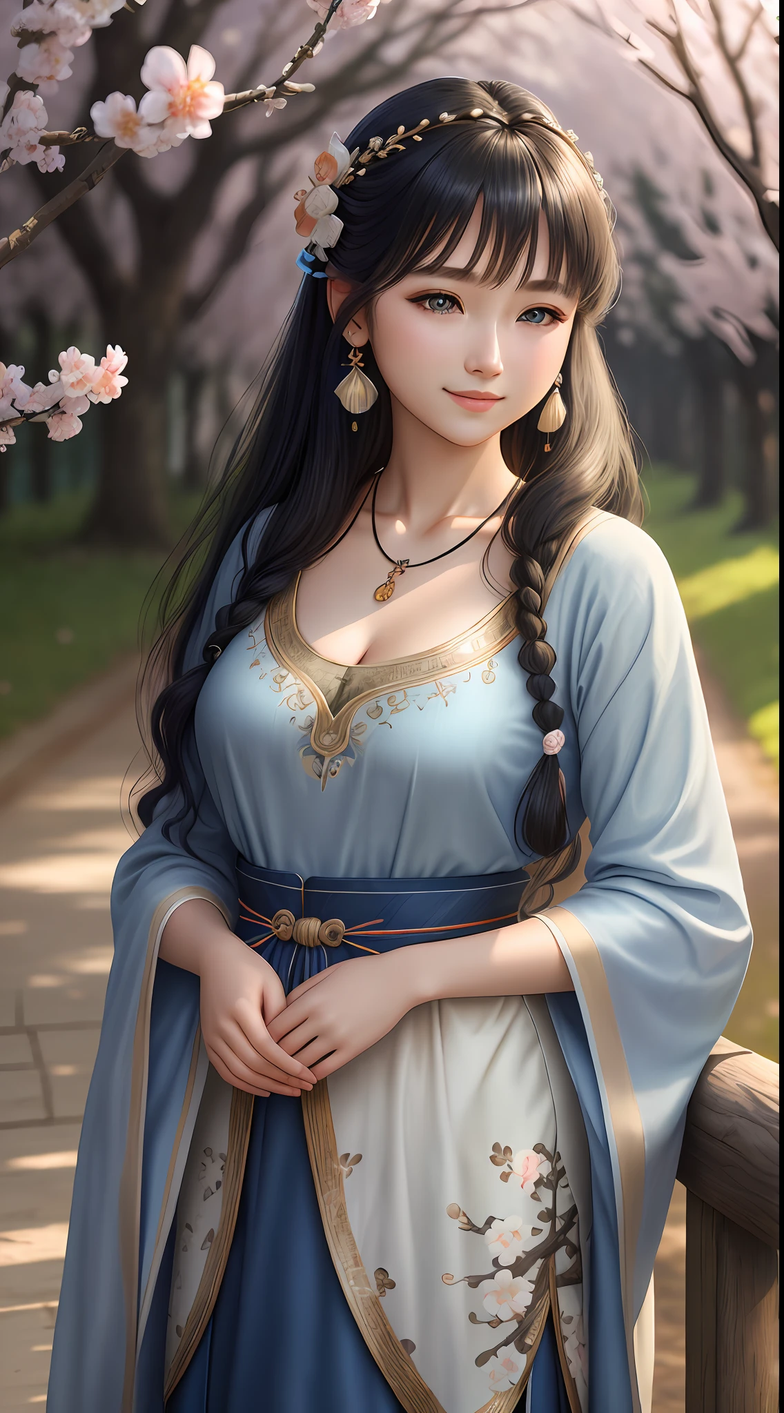 (masterpiece), (best quality), (ultra detailed),(highres), abrudrres, ultra realistic 4k CG, delicate pattern, intricate details, best illumination, best shadow, natural lighting, depth of field, blurry, 1girl, solo, medium_breasts,necklace,earrings,jewelry,black hair,solo,earrings,blue eyes,long hair,necklace,smile,hair accessories,shining skin,denim photo,Hanfu,floating hair,peach blossom,plum blossom,trees,outdoors,