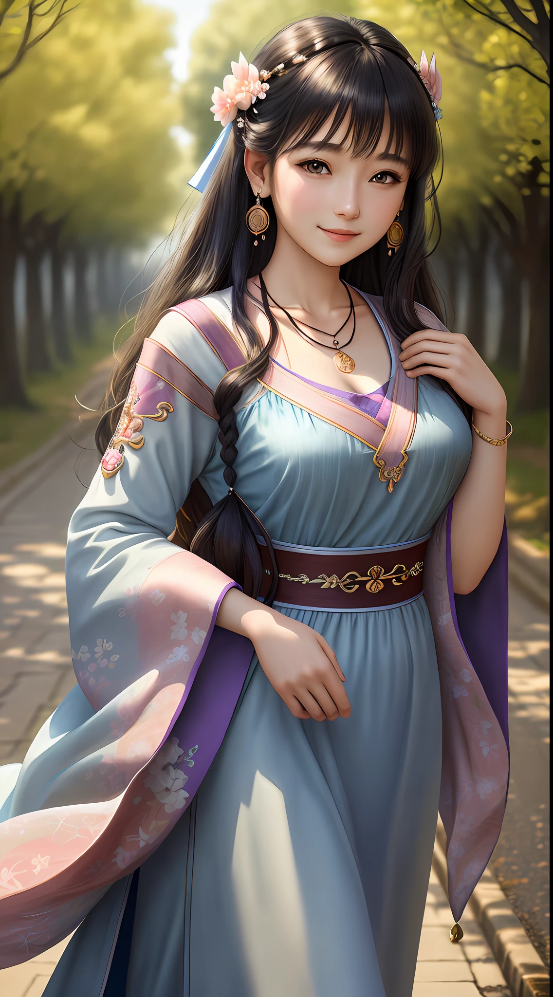 (masterpiece), (best quality), (ultra detailed),(highres), abrudrres, ultra realistic 4k CG, delicate pattern, intricate details, best illumination, best shadow, natural lighting, depth of field, blurry, 1girl, solo, medium_breasts,necklace,earrings,jewelry,black hair,solo,earrings,blue eyes,long hair,necklace,smile,hair accessories,shining skin,denim photo,Hanfu,floating hair,peach blossom,plum blossom,trees,outdoors,