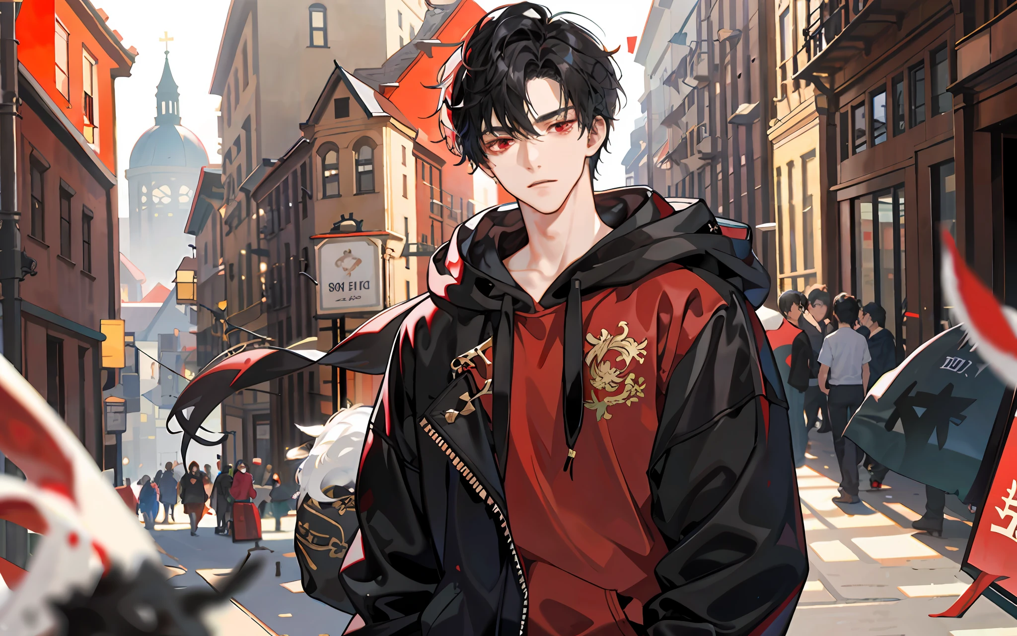 1 boy, handsome boy, black hair, comma hair, forehead comma hair, korean hair, street style, hoodie, white background, shiny, Red eyes, looking at viewer, upper body, fantasy world
,"A handsome boy with black hair, a distinctive comma hair and a Korean style, wearing a street style hoodie, standing against a bright white background, his red eyes fixating on the viewer, all rendered with an Impressionistic touch that lends the image an added depth and zest (Impressionism: 1.4)."