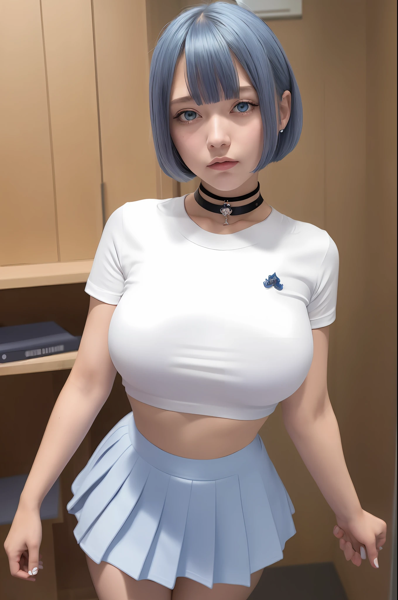 ((masterpiece)),(best quality),(detailed),(1girl),white tight school shirt,short blue hair, blue eyes,expressioness,(choker),school skirt,looking at viewer,bobcut,middle breasts, full body