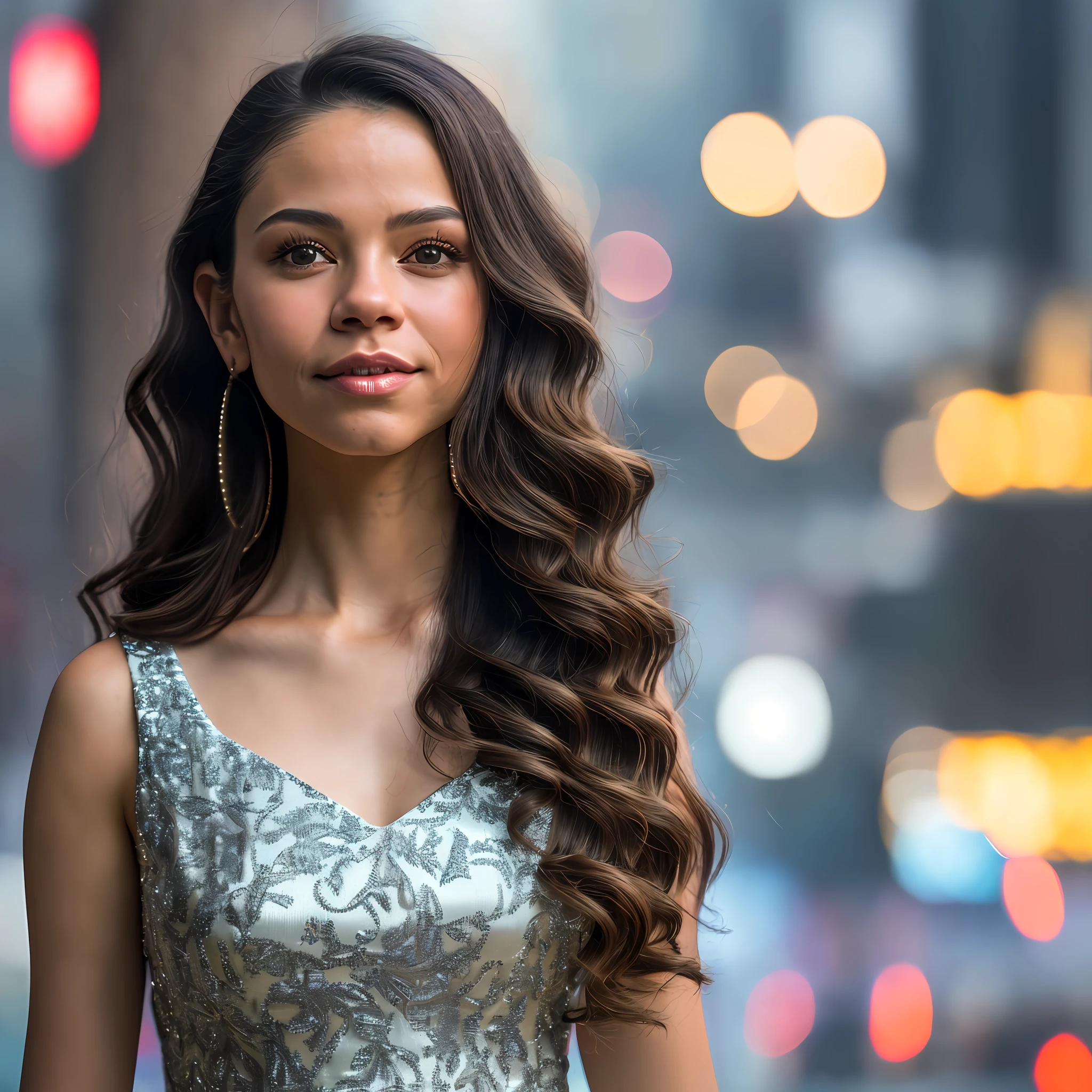 JennaOrtega, RAW, beautiful woman, (extra long wavy brown hair), ((portrait)), ((detailed face:1.2)), ((detailed facial features)), (finely detailed skin), pale skin, (high detailed deep cleavage cyberpunk steel dress), cyberpunk megacity environment, (cold colors), damp, moist, reflections, (masterpiece) (perfect proportion)(realistic photo)(best quality) (detailed) photographed on a Canon EOS R5, 50mm lens, F/2.8, HDR, (8k) (wallpaper) (cinematic lighting) (dramatic lighting) (sharp focus) (intricate)