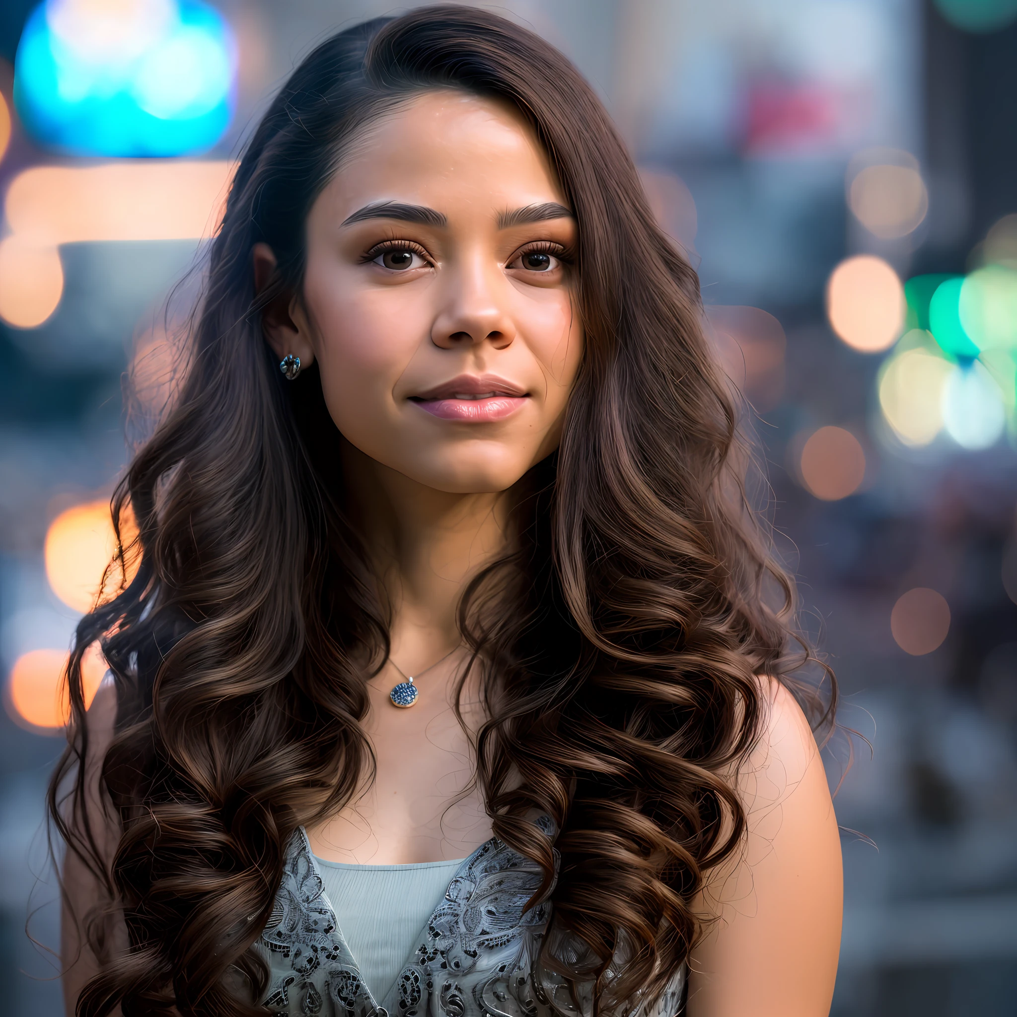 JennaOrtega, RAW, beautiful woman, (extra long wavy brown hair), ((portrait)), ((detailed face:1.2)), ((detailed facial features)), (finely detailed skin), pale skin, (high detailed deep cleavage cyberpunk steel dress), cyberpunk megacity environment, (cold colors), damp, moist, reflections, (masterpiece) (perfect proportion)(realistic photo)(best quality) (detailed) photographed on a Canon EOS R5, 50mm lens, F/2.8, HDR, (8k) (wallpaper) (cinematic lighting) (dramatic lighting) (sharp focus) (intricate)
