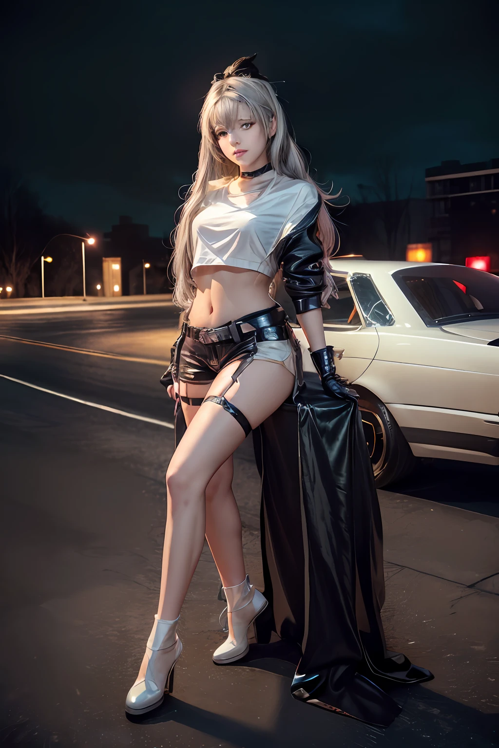 (RAW photo, best quality), (realistic, photo-realistic:1.3), masterpiece, an extremely delicate and beautiful, extremely detailed, CG, unity , 2k wallpaper, Amazing, finely detail, light smile, extremely detailed CG unity 8k wallpaper, huge filesize, ultra-detailed, highres, absurdres, soft light,1girl, SilverWolfV4, (full body:1.6), ((dynamic lighting,depth of field)),Wide angle view,((small breasts)), split breasts, solo, cyberpunk,outdoors, neon-lit stars background, sit,raise one thigh, crossed legs, raise one naked foot, another foot half take-off black silk pantyhose, cute, young, realistic face, baby face, beautiful detailed girl, (((long hair:1.3), silk grey white hair, floating drill hair novafrogstyle)), grey eyeballs, extremely detailed eyes and face, beautiful detailed nose, beautiful detailed eyes, long eyelashes, realistic body, light on face,looking at viewer, full body, cosplay,detailed fingers, beautiful detailed thigh, shirt, gloves, long sleeves, navel, jewelry, jacket, white shirt, thighs, shorts, choker, black gloves, midriff, belt, fingerless gloves, armpits, stomach, black jacket, crop top, short shorts, thigh strap, black shorts, eyewear on head, bubble blowing, chewing gum