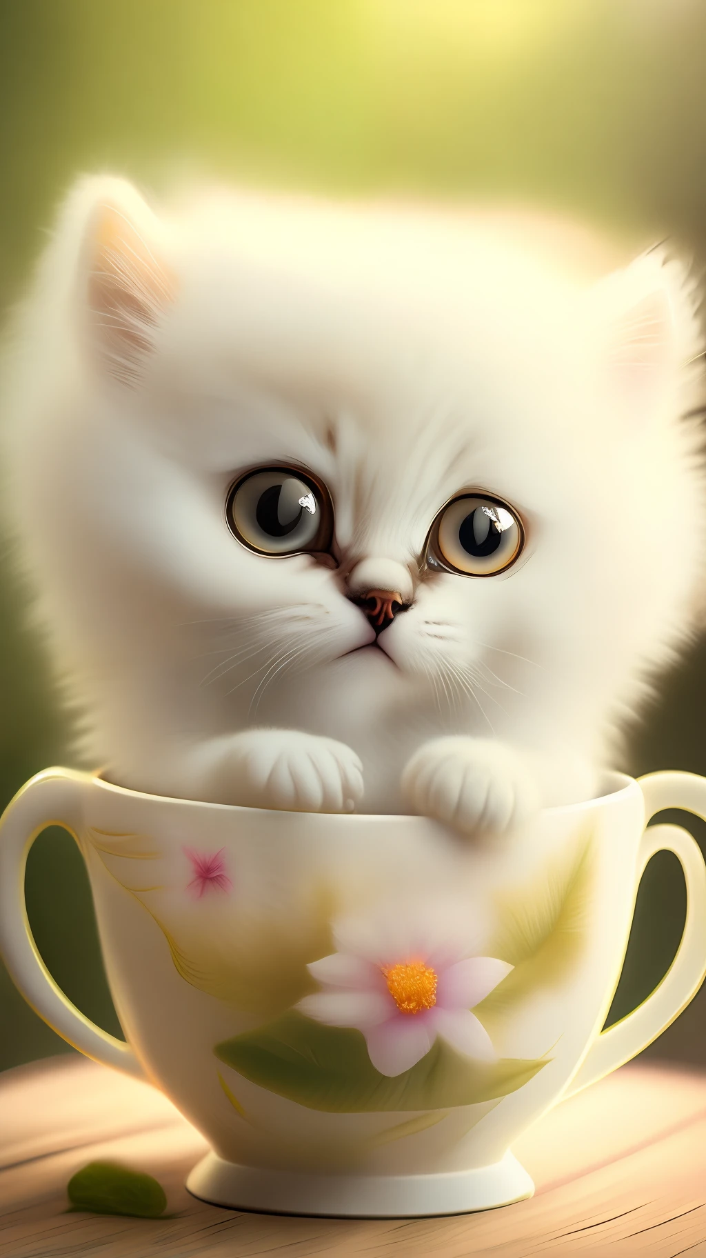 Very cute fluffy white tropical punk kitten, big eyes, in a cup, laughter, excitement, flowers, professional light, depth of field 8k, golden magic moment, professional photography, octane rendering, super realistic - amazing sunlight, dynamic composition, photography, sharp focus, background bokeh